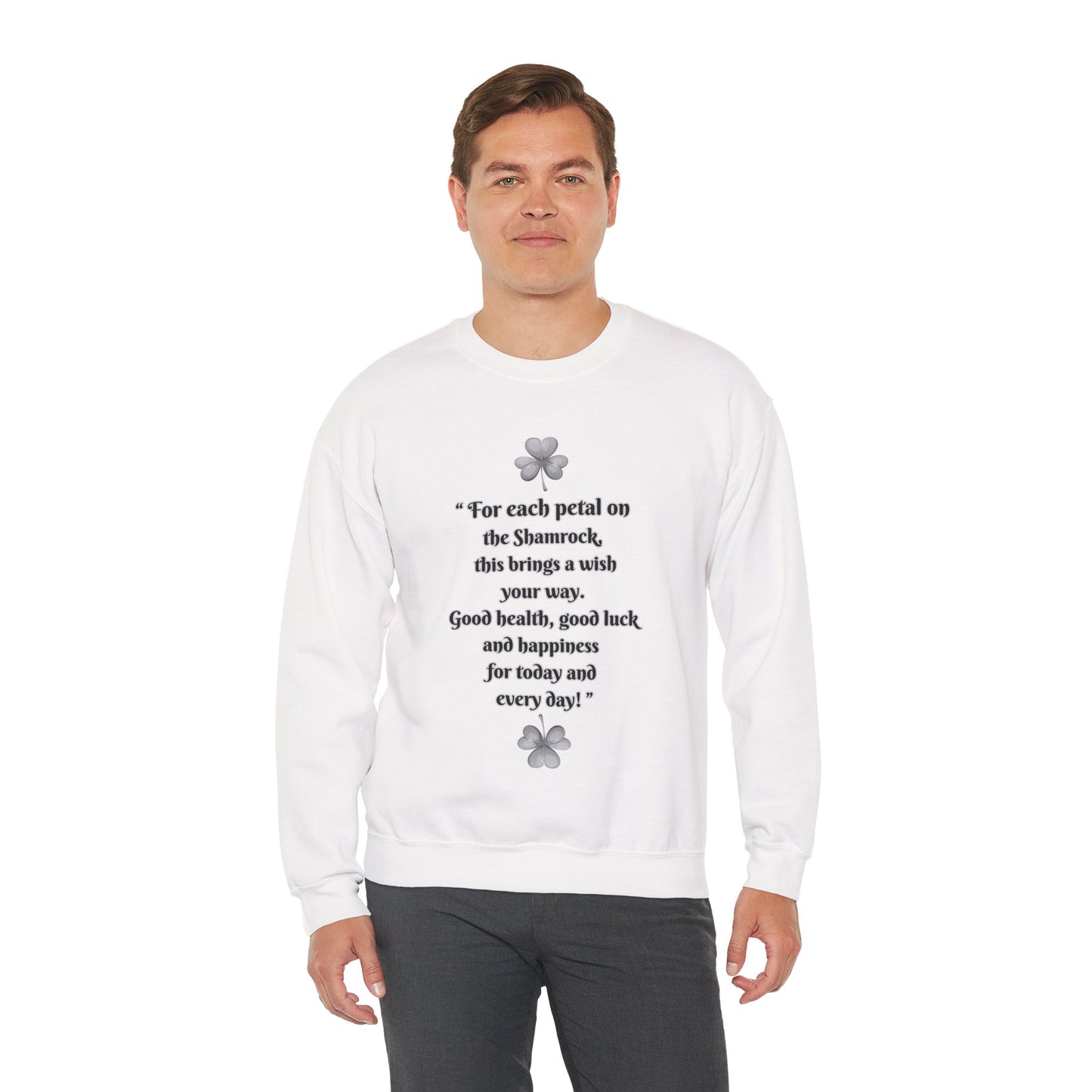 "Irish Blessing(Front)-Shamrock Wiseman(Back)", Unisex Crewneck Sweatshirt— Irish Luck Quote & Rustic Irish Wiseman Surrounded By Clover