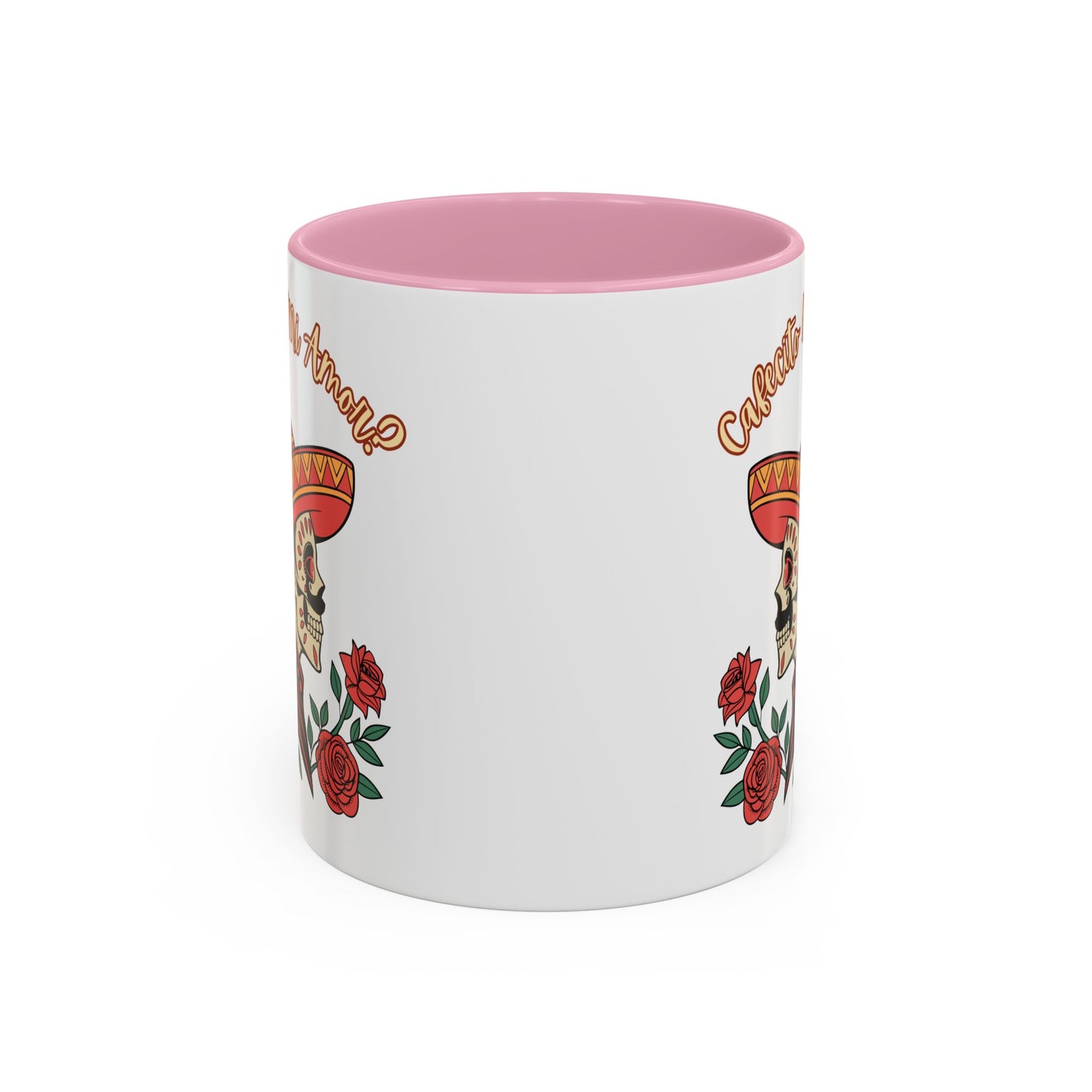 "Cafecito Mi Amor?" -El Hombre, Sugar Skull Style, White Ceramic Mugs with Colorful Accents (11oz/15oz)