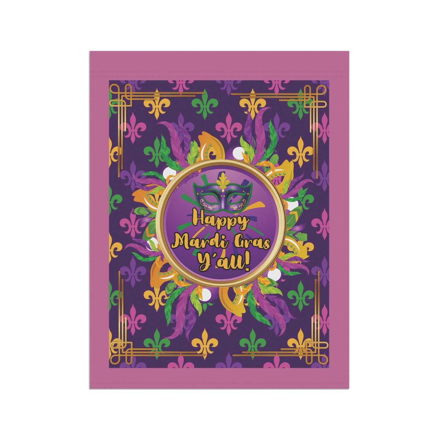 Mardi Gras Garden Flag — “Happy Mardi Gras Y’all” Decorative House Banner-Pink