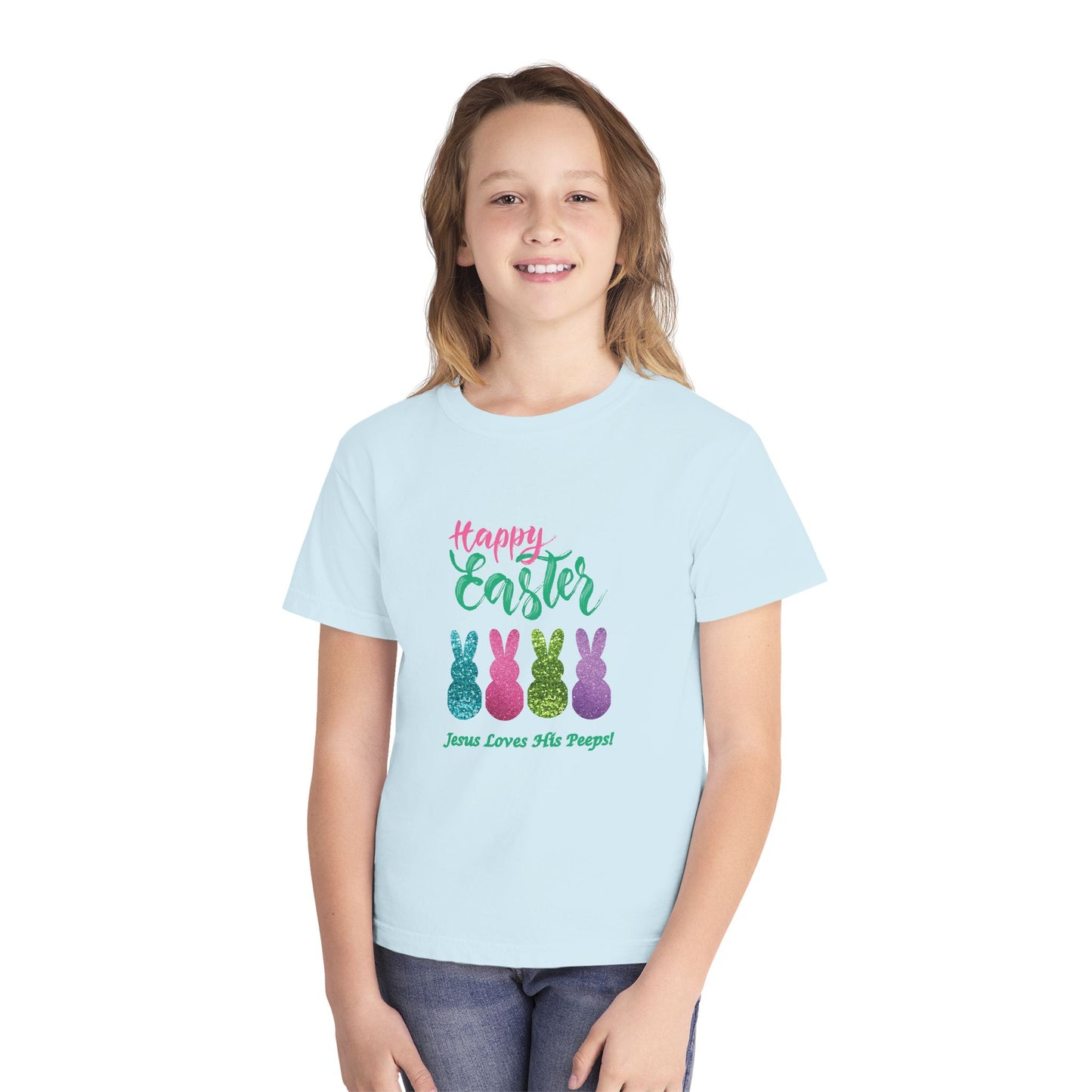 Easter Bunny Youth Tee — "Happy Easter" Christian Kids/Youth Shirt (Jesus Loves His Peeps)