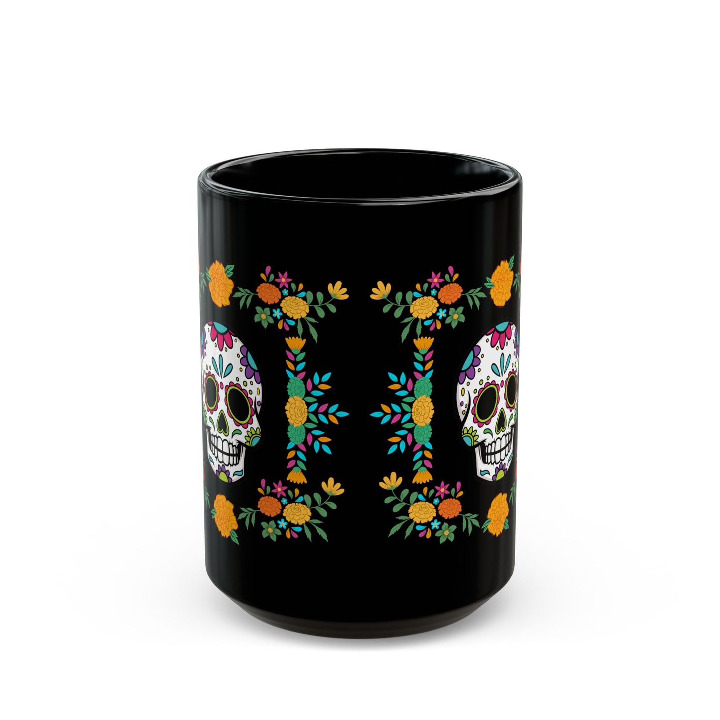 Vibrant "Sugar Skull"  Black Ceramic, 15 oz Mug. A Colorful Coffee Cup for Day of the Dead!