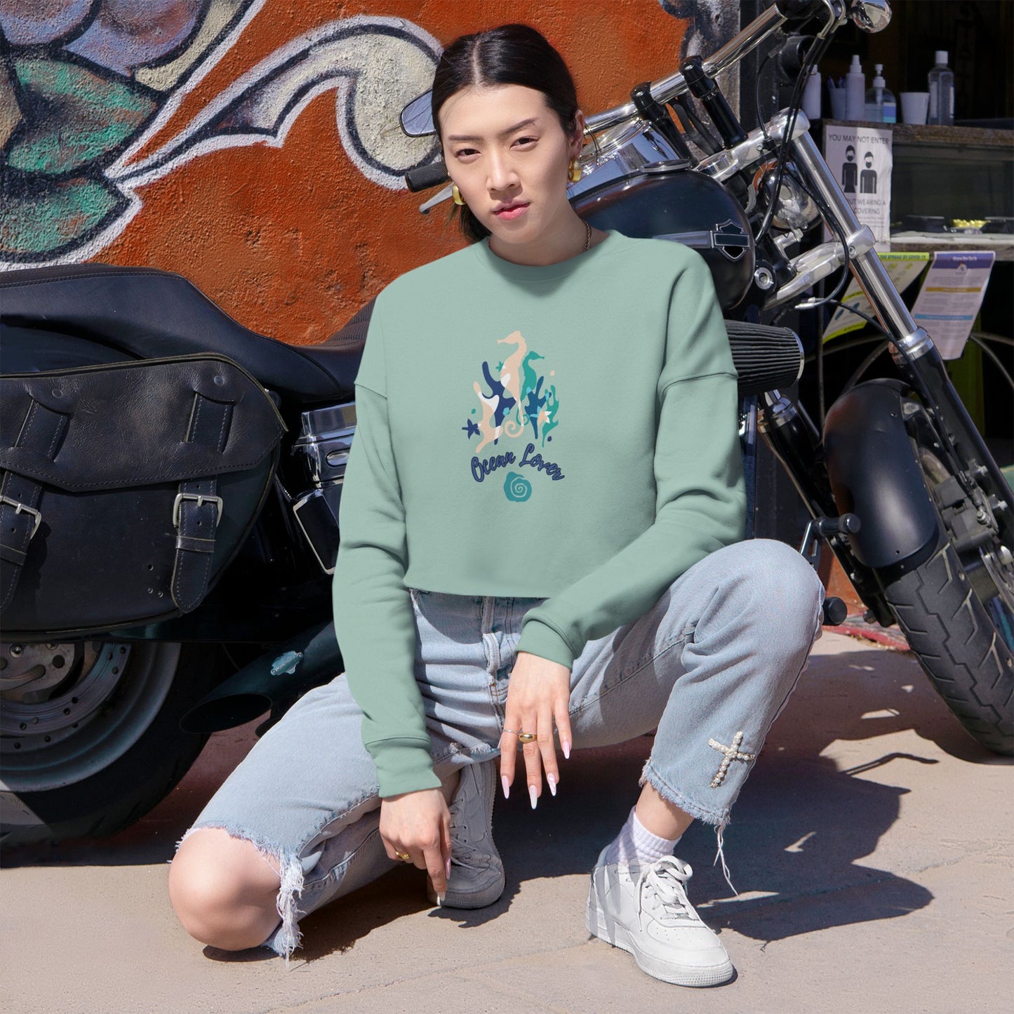 "Ocean Lover" Sea Horse & Coral Cropped Sweatshirt — Women's Beachy Crop Top
