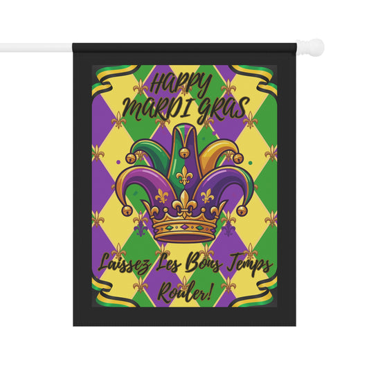 Mardi Gras Jester Crown Garden Flag — "Happy Mardi Gras-Laissez Les Bons Temps Rouler!" House Banner-Black