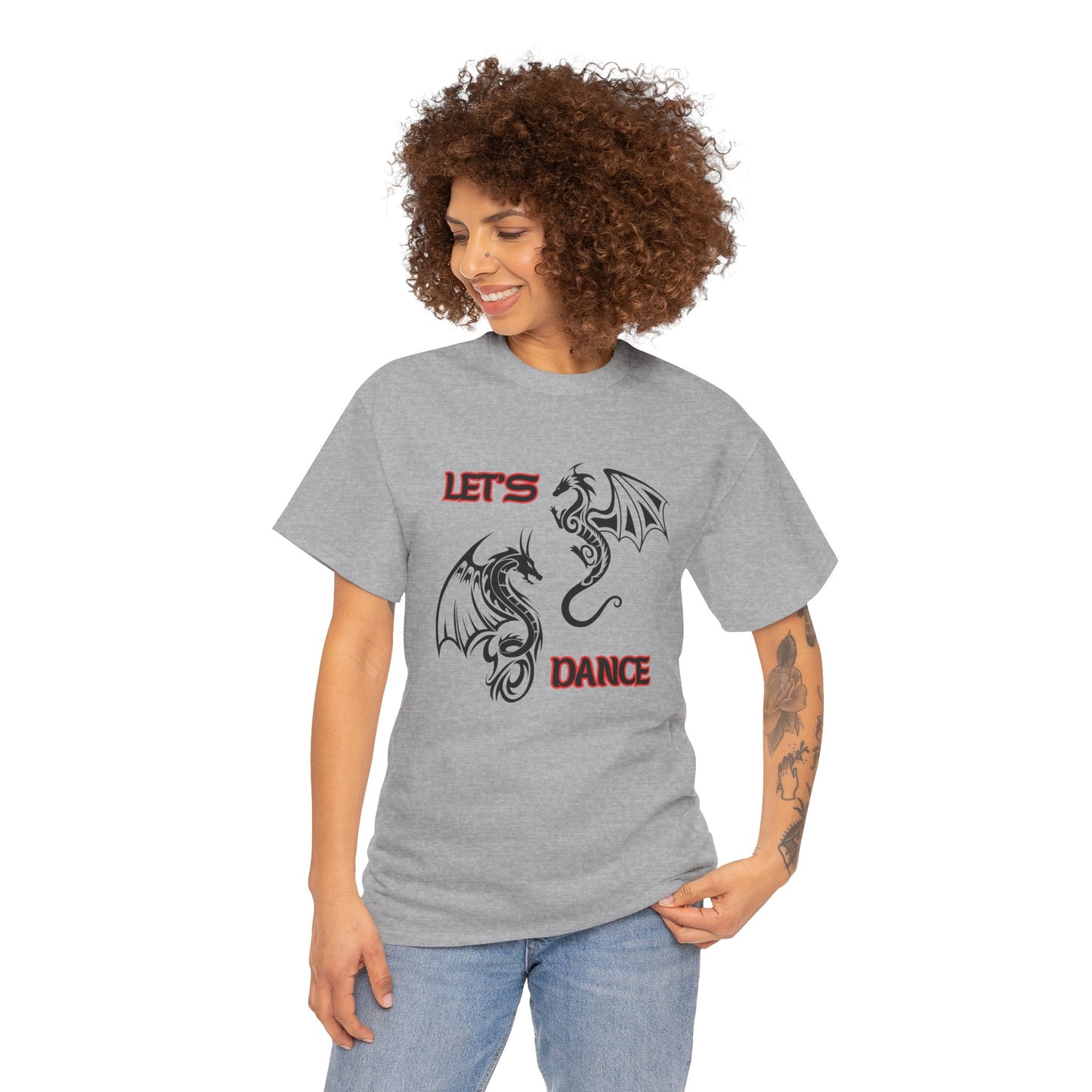 "Let's Dance" Unisex Heavy Cotton Tee, Black/Red Text