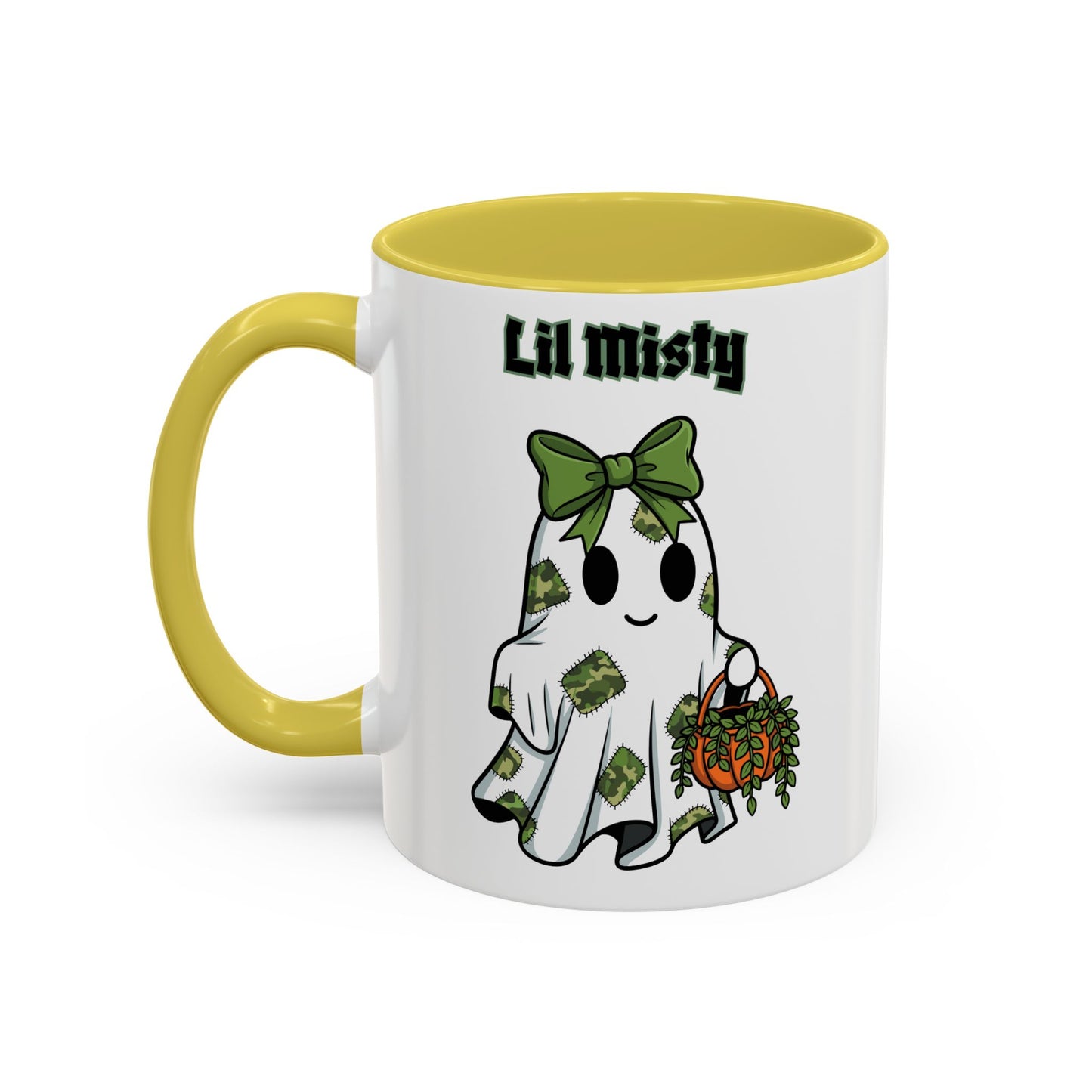 "Lil Misty Ghost" White Ceramic Mug  (11oz and 15oz) With Colorful Accents.  A Cute Halloween Mug for All Ages!