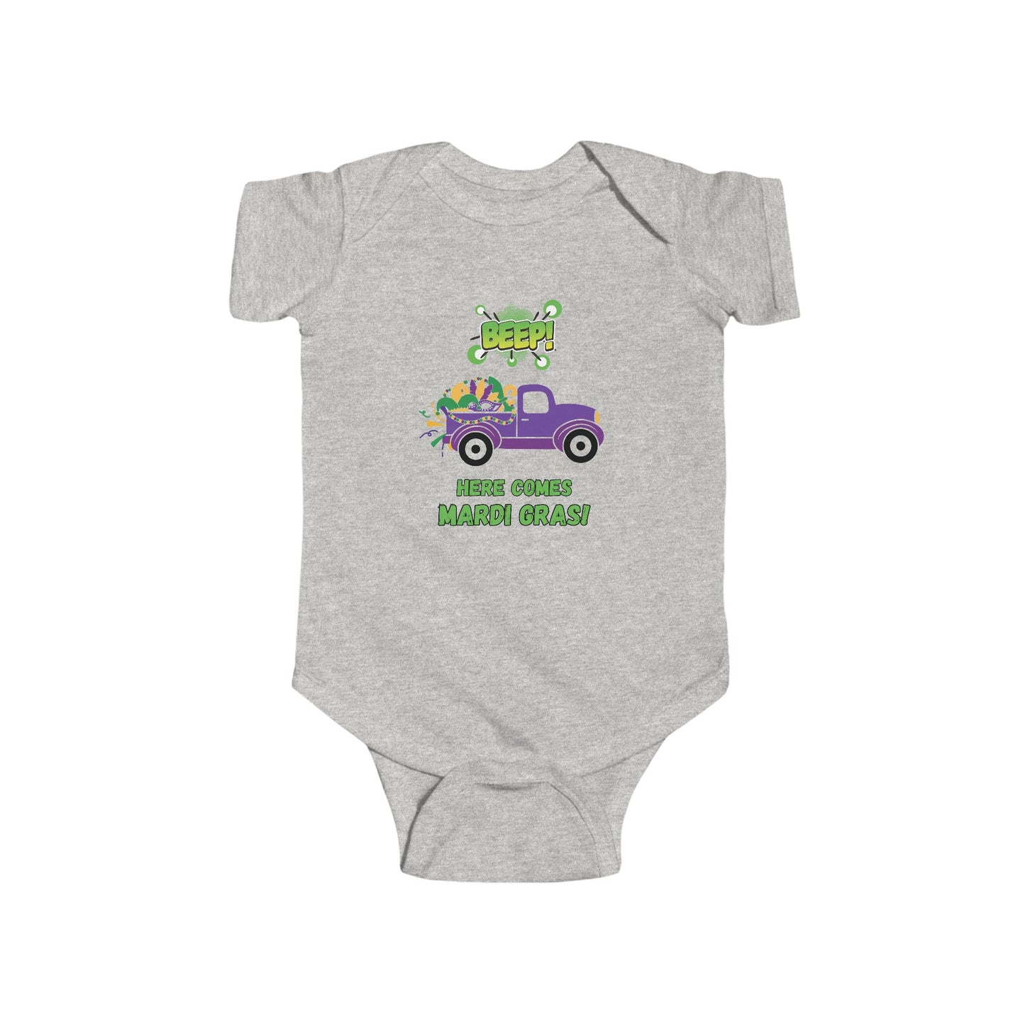 Mardi Gras Infant Bodysuit — "BEEP! Here Comes Mardi Gras" Purple Truck Baby Onesie