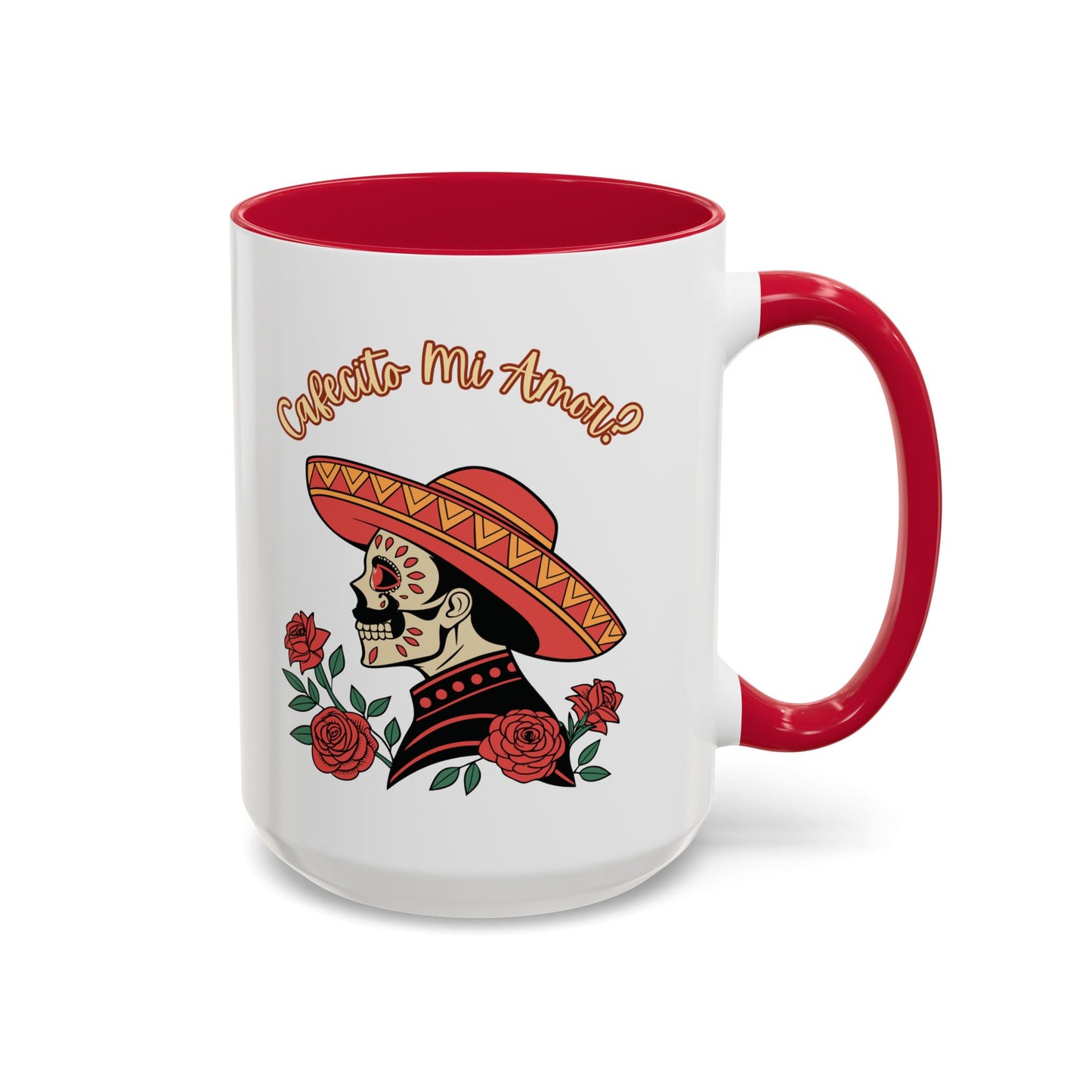 "Cafecito Mi Amor?" -El Hombre, Sugar Skull Style, White Ceramic Mugs with Colorful Accents (11oz/15oz)