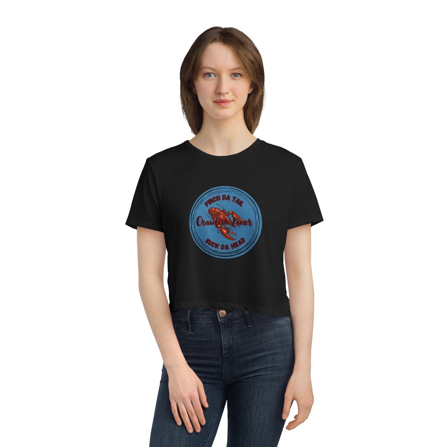 "Crawfish Lover"  Womens' Flowy Cropped Tee — "Pinch Da Tail, Suck Da Head" Seafood Festival Shirt