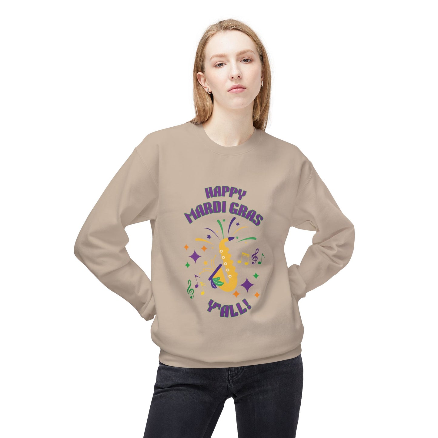 "Happy Mardi Gras Y'all"  Midweight Crewneck Sweatshirt.  Let This Colorful Unisex Sweatshirt Help You Revel In Style!