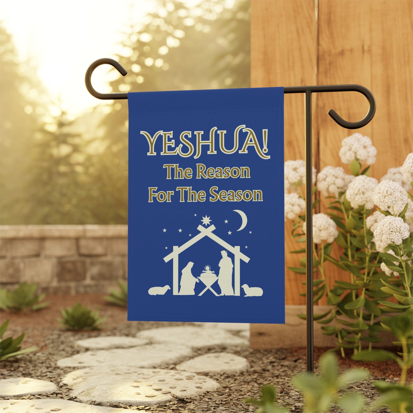 "Yeshua! The Reason for the Season"  Blue Nativity Garden Flag - Banner