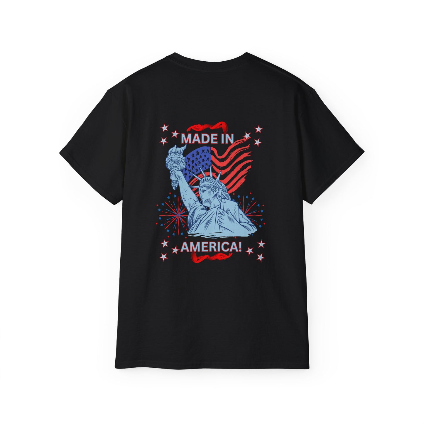 Statue of Liberty Patriotic T-Shirt — "Made In America -Happy Anniversary 1776-2026"  Front & Back Design