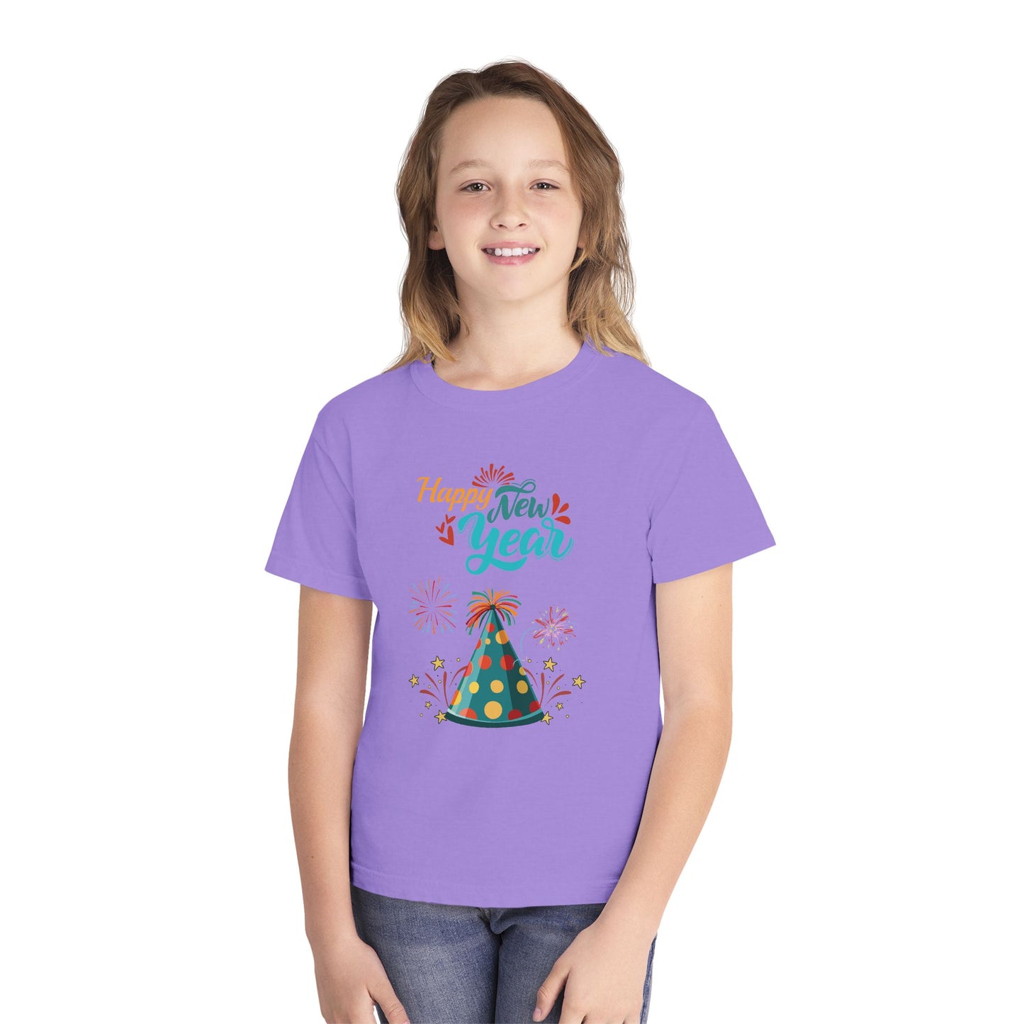 "Happy New Year -Party Hat and Fireworks" Kids/Youth T-Shirt .  A Fun, Colorful Tee For The Kids To Wear When Celebrating The New Year!