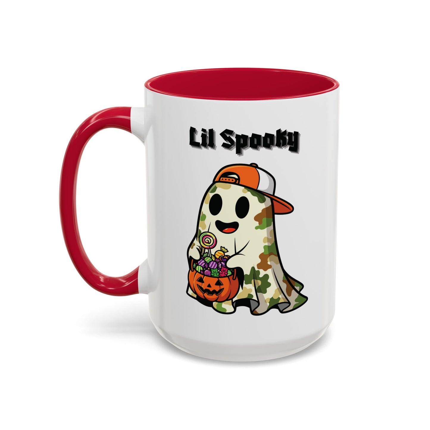"Lil Spooky"  White Ceramic Halloween Mug With Colorful Accents — Cute Ghost Trick-or-Treat Ceramic Mug (11oz/15oz)
