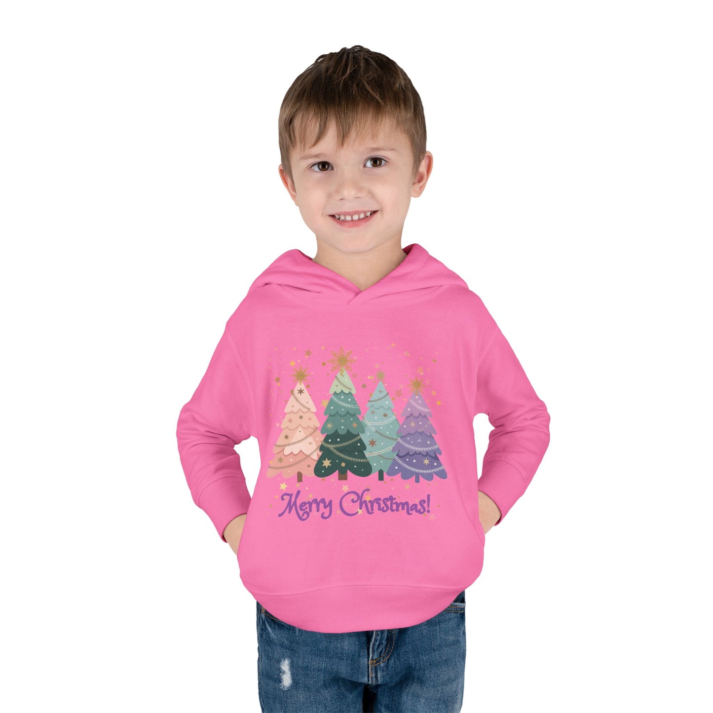 "Merry Xmas" Toddler Hoodie — Pastel Paper-Cut Christmas Trees with Gold Stars