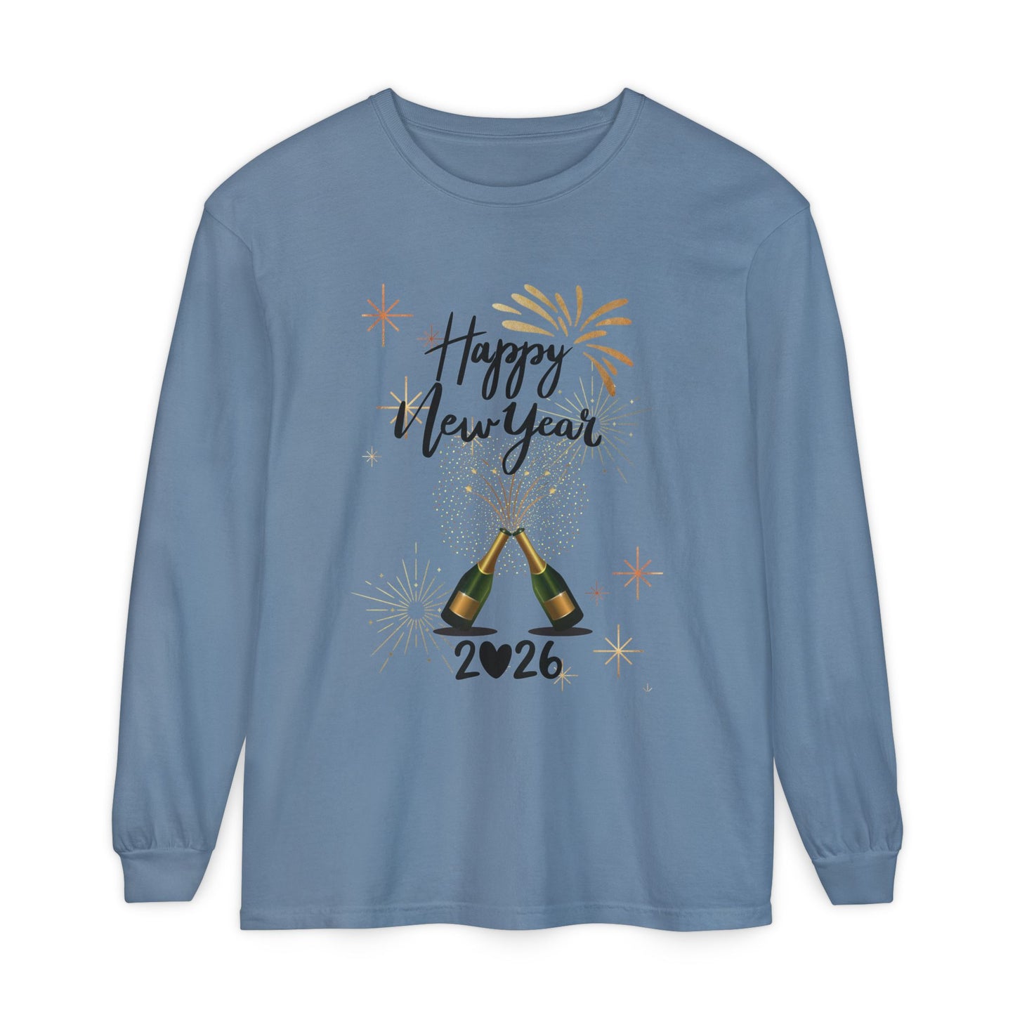 "Happy New Year 2026-Champagne Toast", Unisex Long Sleeve T‑Shirt.  A "Grown Up" Classy Yet Fun, Long Sleeve Tee.  Dress It Up or Dress It Down For Celebrating The New Year!