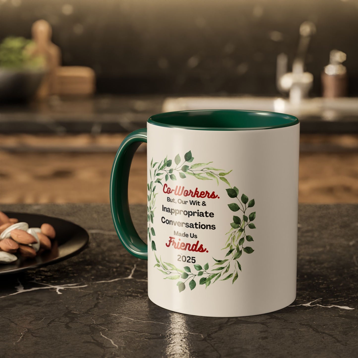 "Coworkers And Friends 2025", White Ceramic Mug with Colorful Accents,  A Great Office Gift To Commemorate 2025