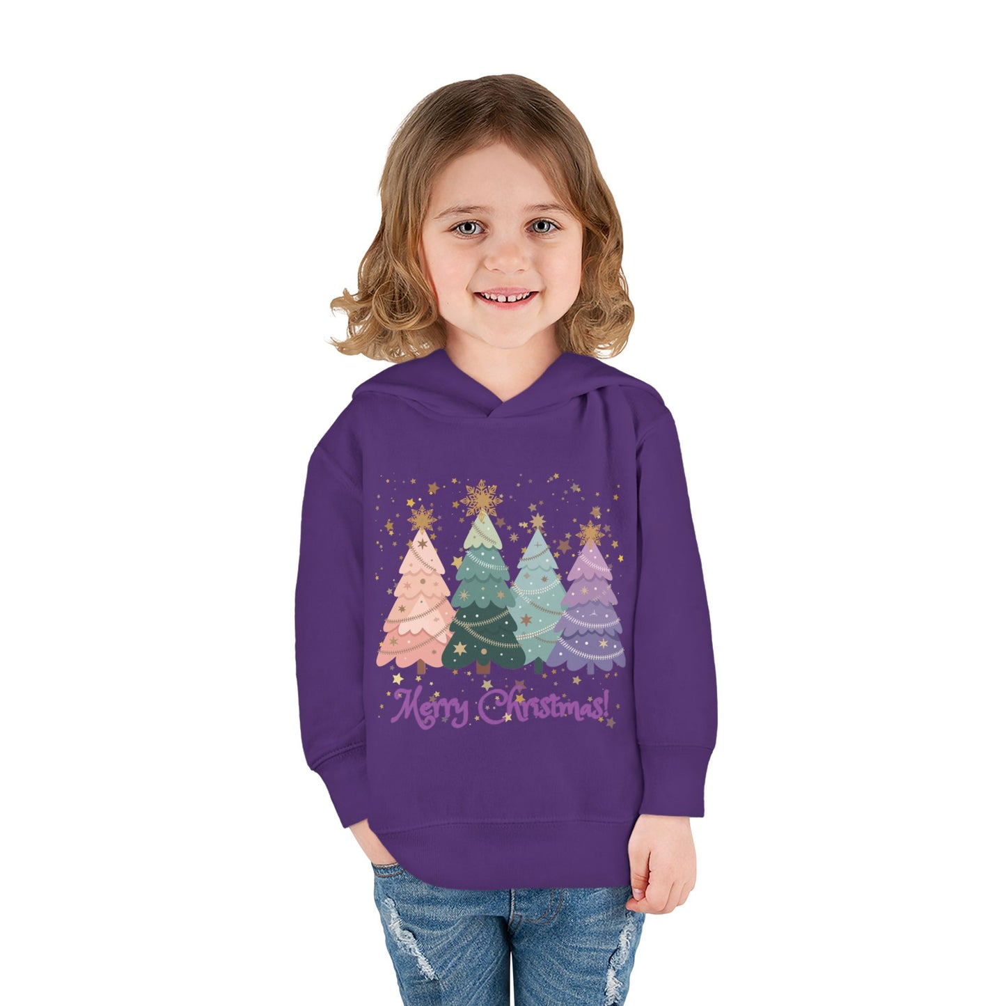 "Merry Xmas" Toddler Hoodie — Pastel Paper-Cut Christmas Trees with Gold Stars
