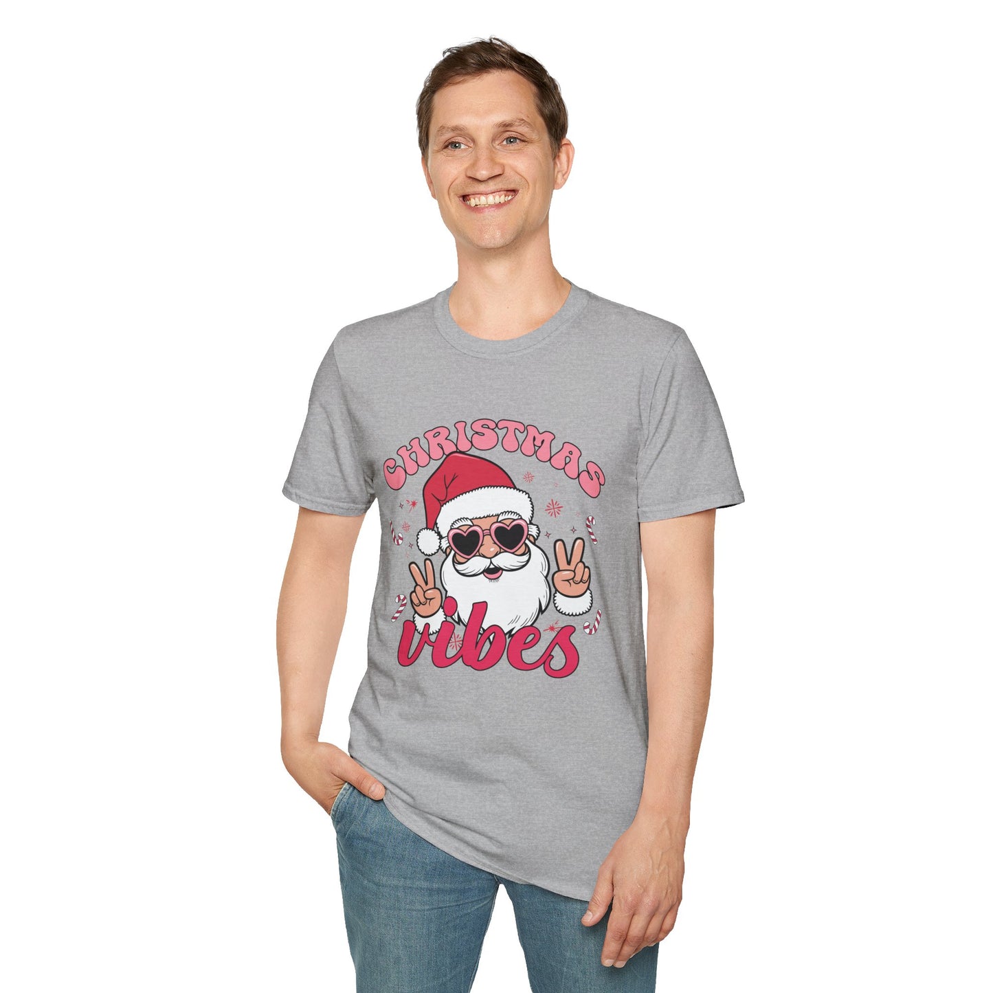 "Christmas Vibes"  Smiling Santa Holiday Unisex T-Shirt.  Cool(Tan)Santa Wearing His Shades And Sharing A "Peace Sign".