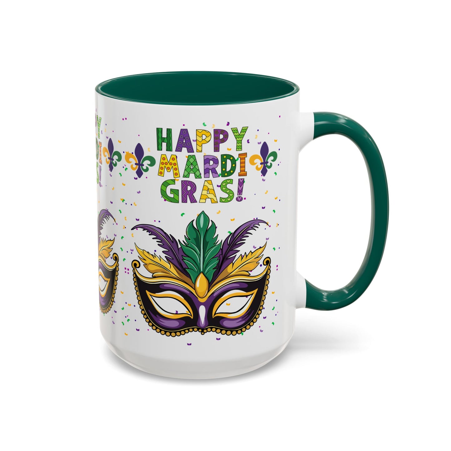 "Happy Mardi Gras" Mugs — Colorful 11oz/15oz Carnival Mask-Fleur De Lis Design White Ceramic Mugs