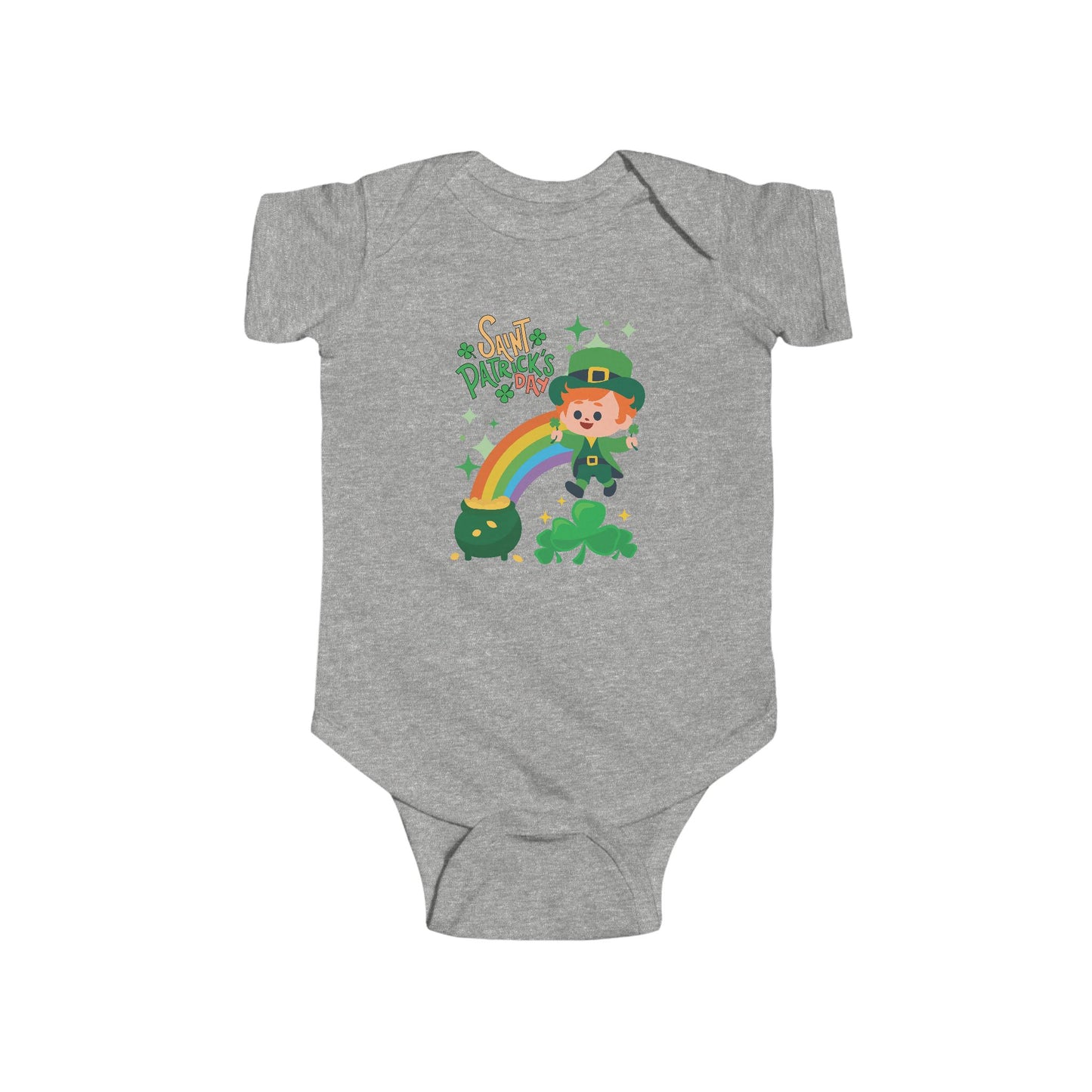 " St. Patrick's Day-Lucky Rainbow" Baby Bodysuit/Short Sleeved Onsie.  A Cute Lucky Leprechaun Finds A Pot Of Gold At The End Of The Rainbow!