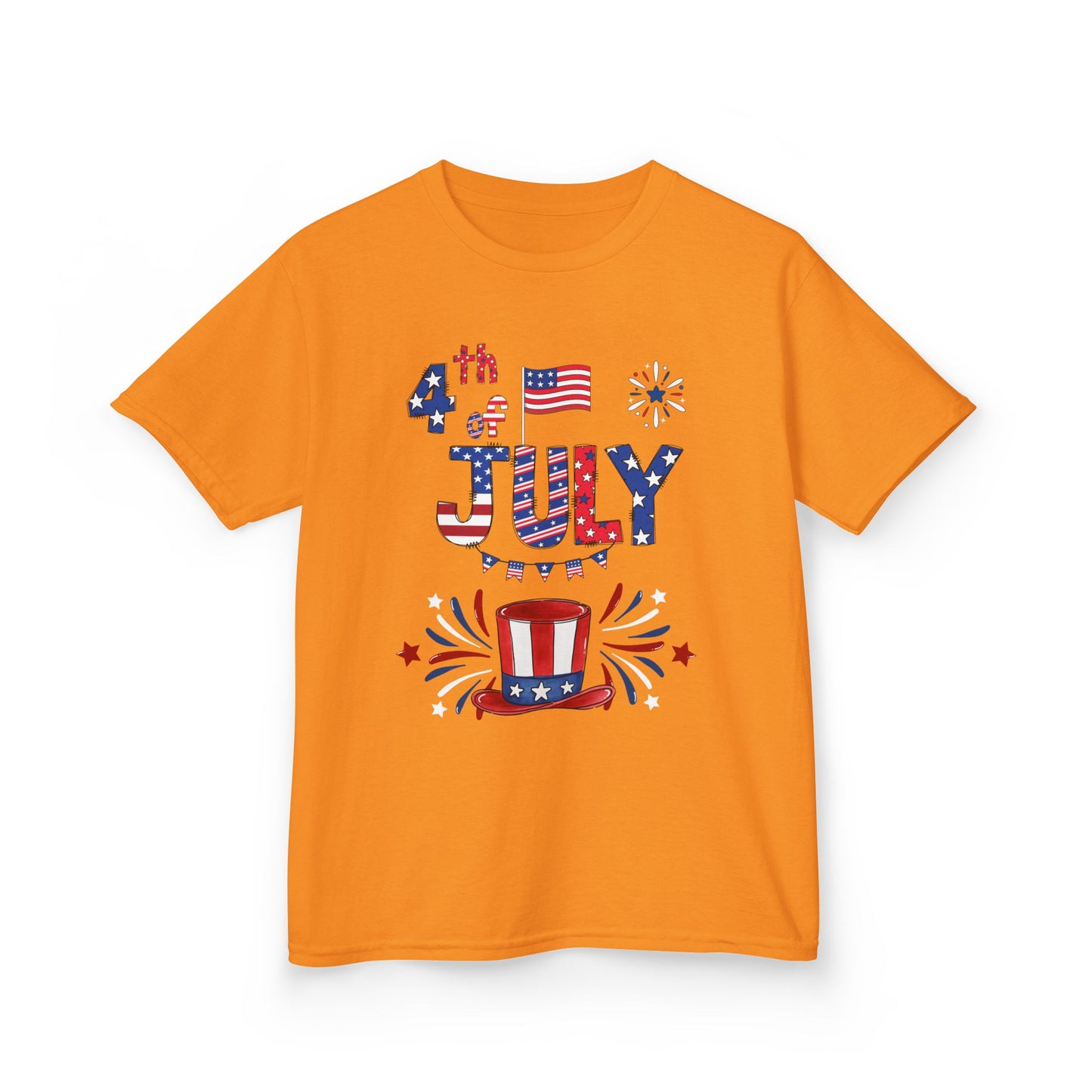 Kids "4th of July" Patriotic Boxy Tee — Celebrate This Special Day With Fireworks & A Vibrant Uncle Sam Hat!