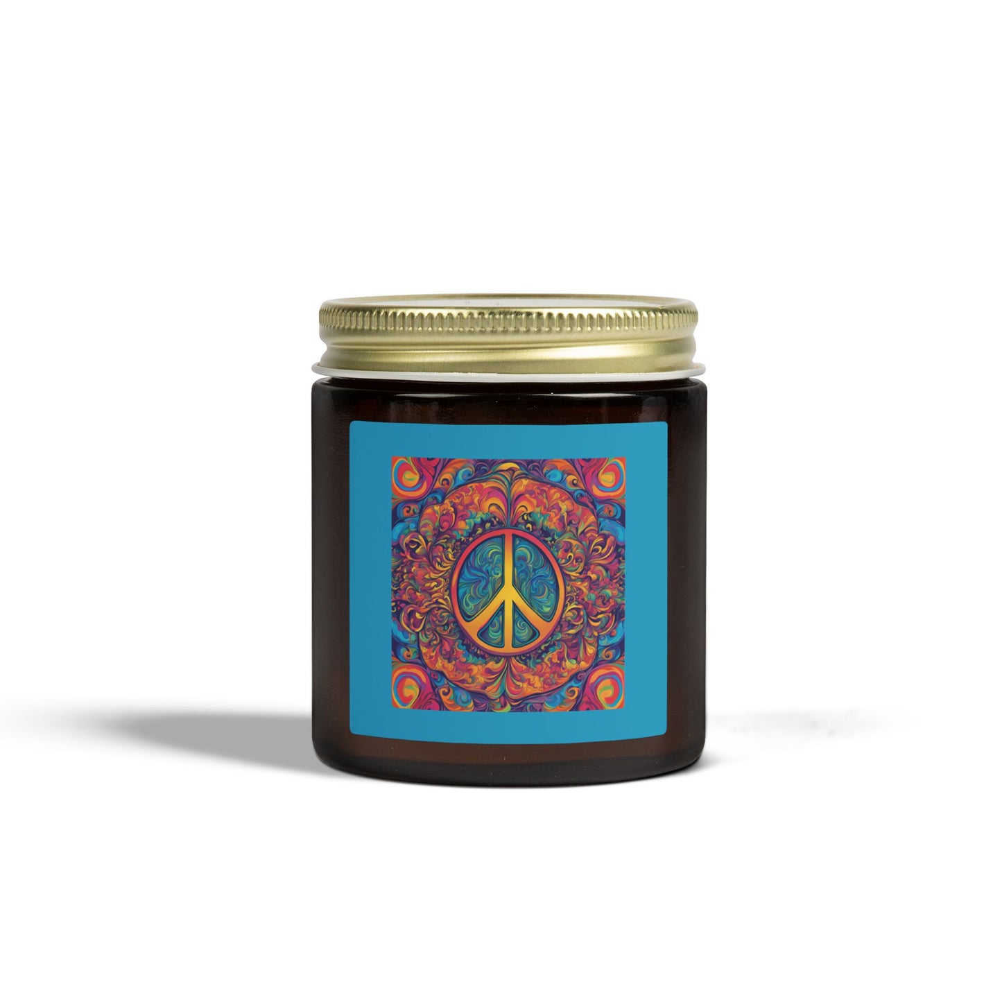 "Psychedelic Peace Sign" Amber Glass Scented Candle  with Coconut Apricot Wax (4oz & 9oz) —A Groovy Scented Candle Label, 4 Warm Scents