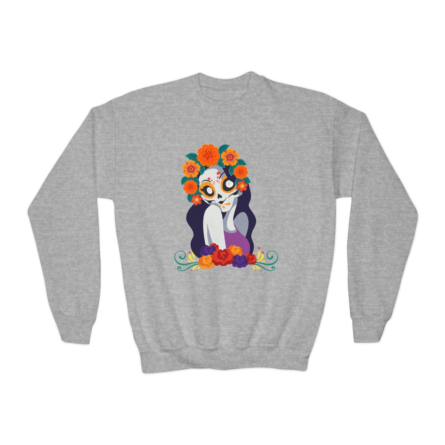Whimsical Floral  "Katrina Skull" Youth Crewneck Sweatshirt. Perfect for Dia De Los Muertos or any occasion!