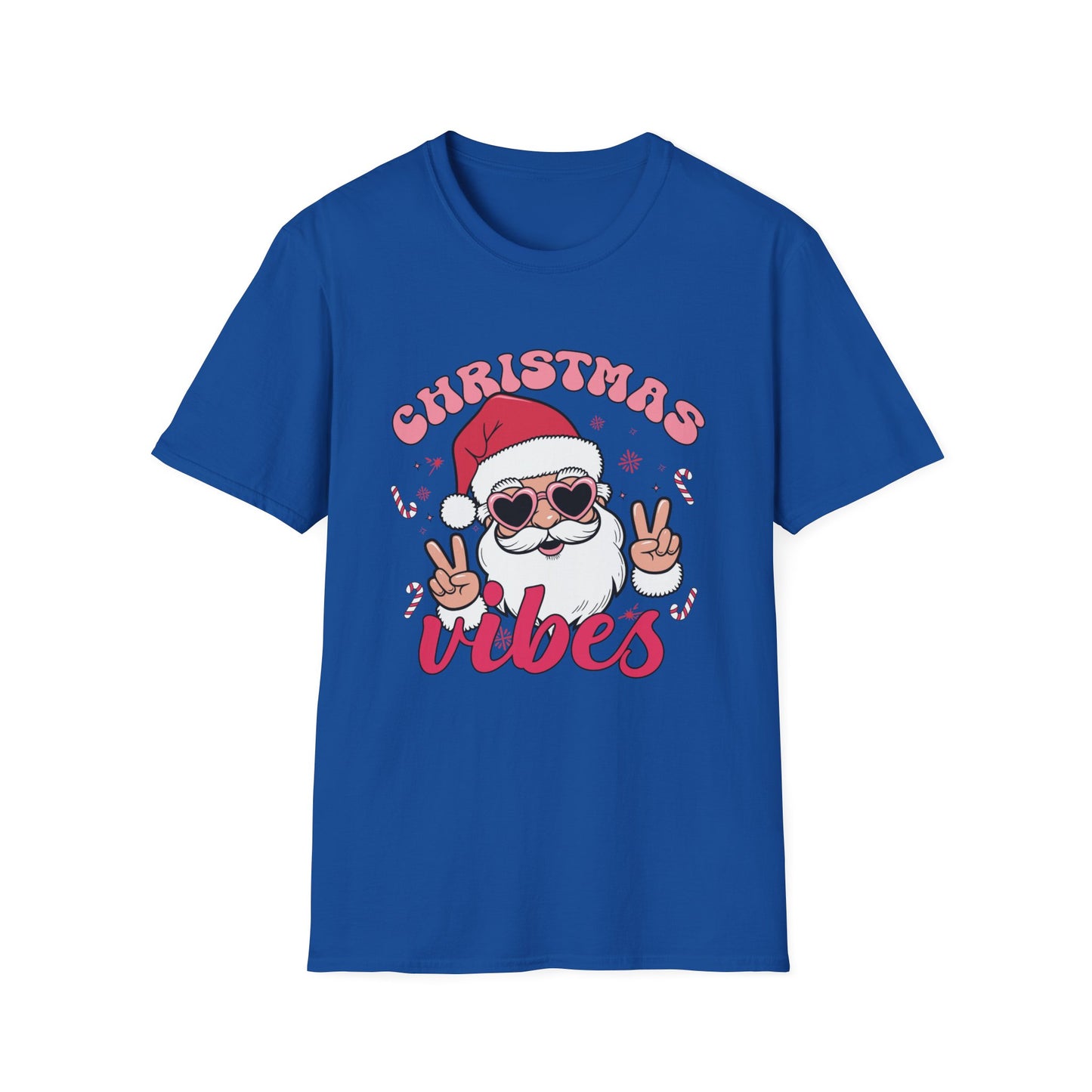 "Christmas Vibes"  Smiling Santa Holiday Unisex T-Shirt.  Cool(Tan)Santa Wearing His Shades And Sharing A "Peace Sign".
