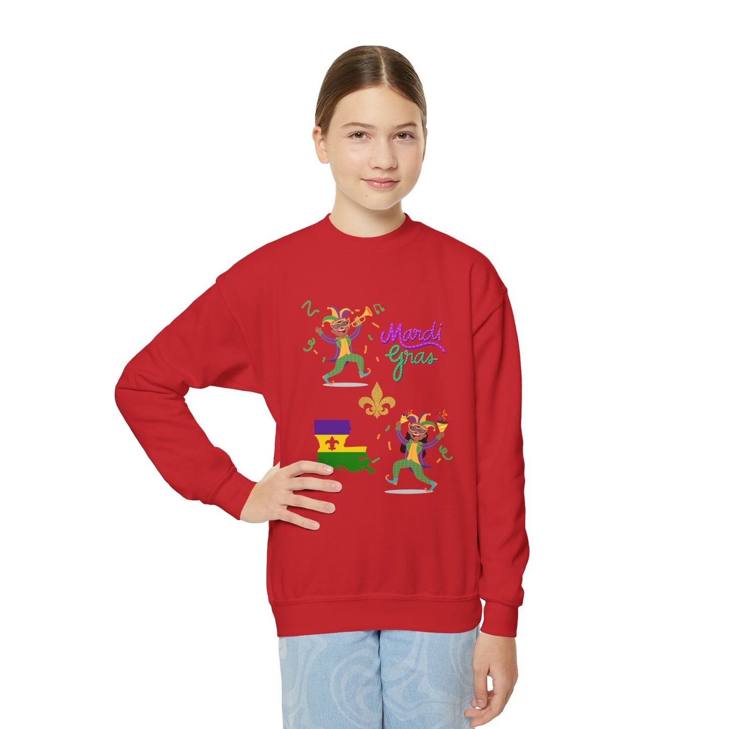 "Mardi Gras Kids" Youth Crewneck Sweatshirt — Colorful Beads, Jester Costumes & The State Of Louisiana all in Classic Mardi Gras Colors - Ready For The Parades!