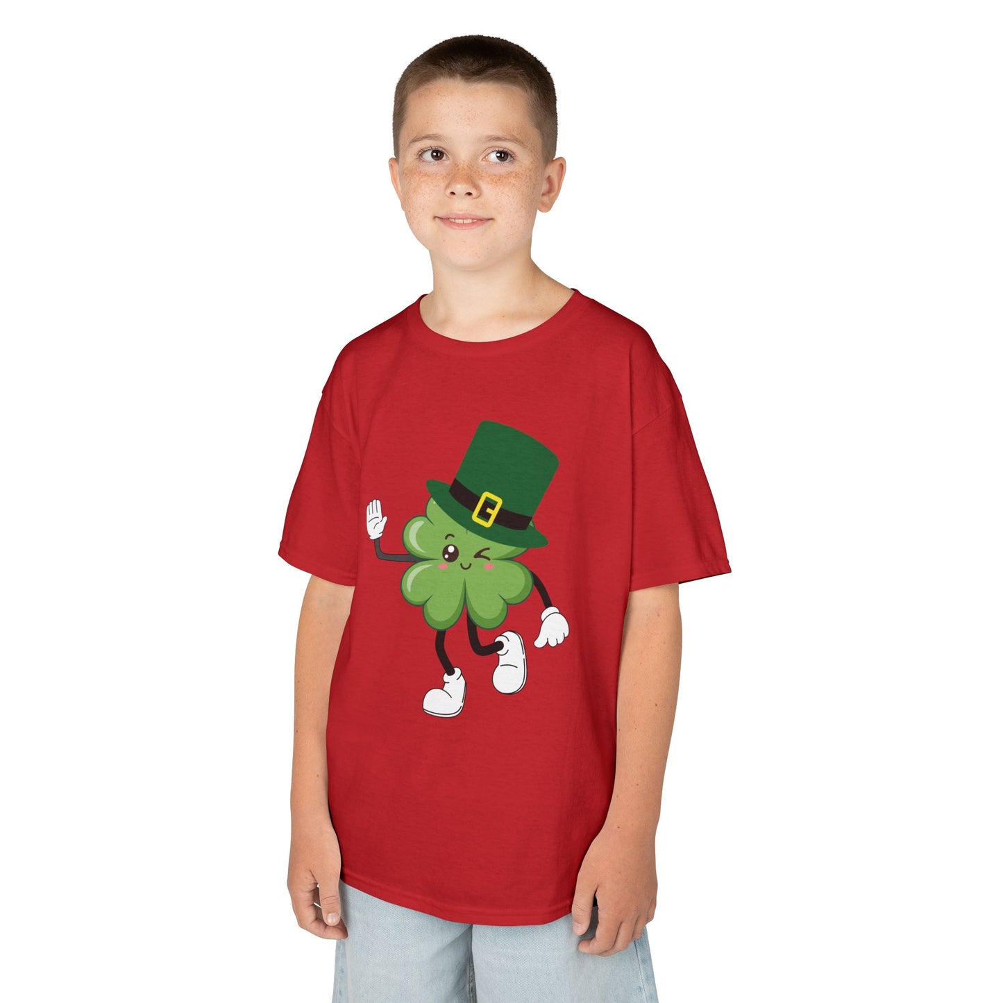 "Dancing Shamrock with Leprechaun Hat".  Kids Heavy Cotton T-Shirt. Patrick’s Day Tee