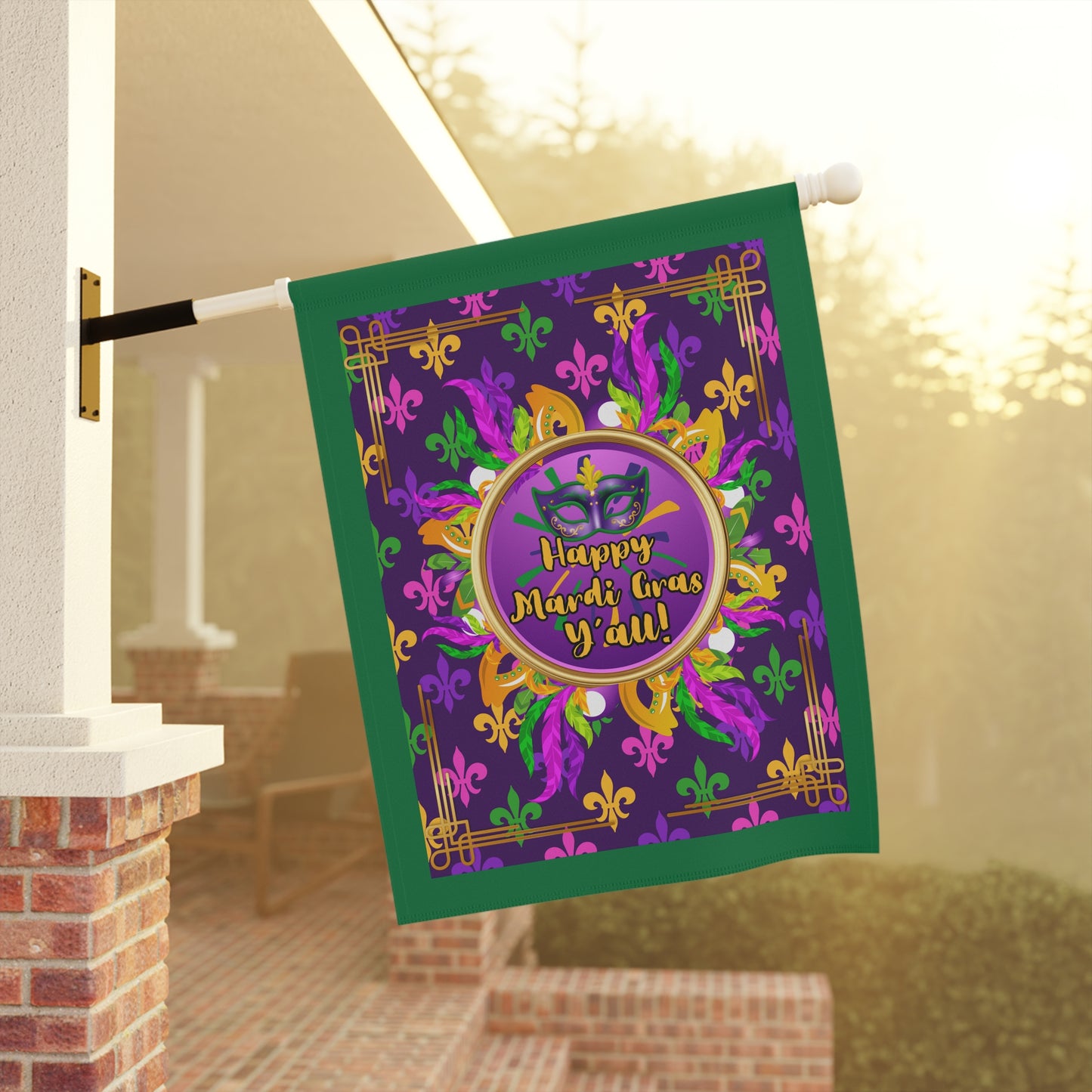 Mardi Gras Paisley Garden Banner — “Happy Mardi Gras Y’all!” Decorative House Flag-Dark Green