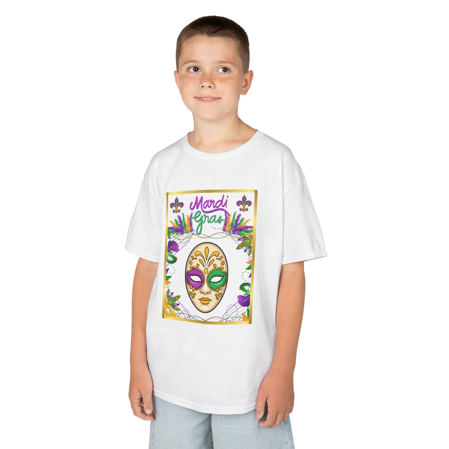 "Mardi  Gras Mask"  Youth Unisex  Boxy T-Shirt.  This Stylish & Colorful Tee Has All The Elements Needed For Carnival Cheer!
