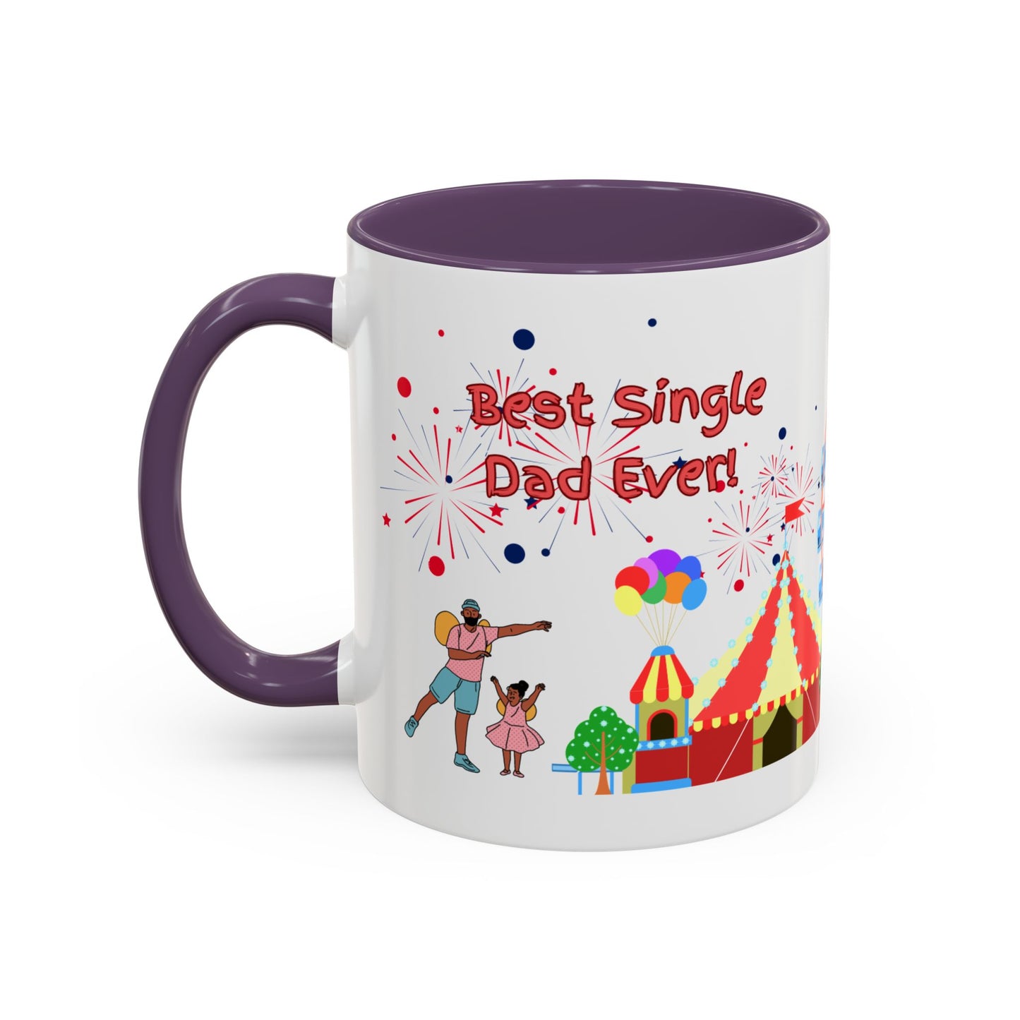 "Best Single Dad Ever" White Ceramic Coffee Mug With Colorful Accents — Amusement Park Family Design in 11oz and 15oz sizes