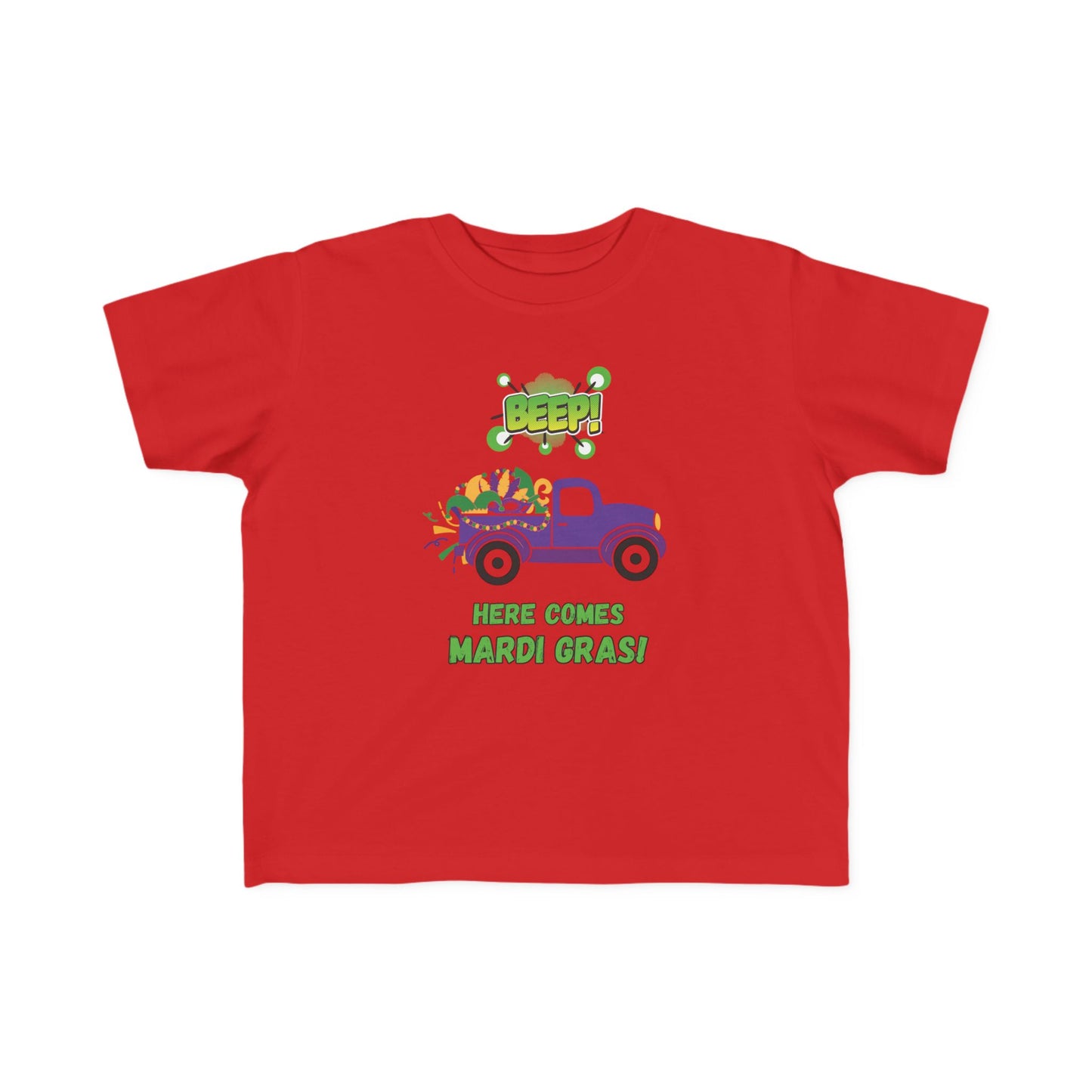 Mardi Gras Toddler Tee — "Beep! Here Comes Mardi Gras!" Purple Truck Kids Shirt