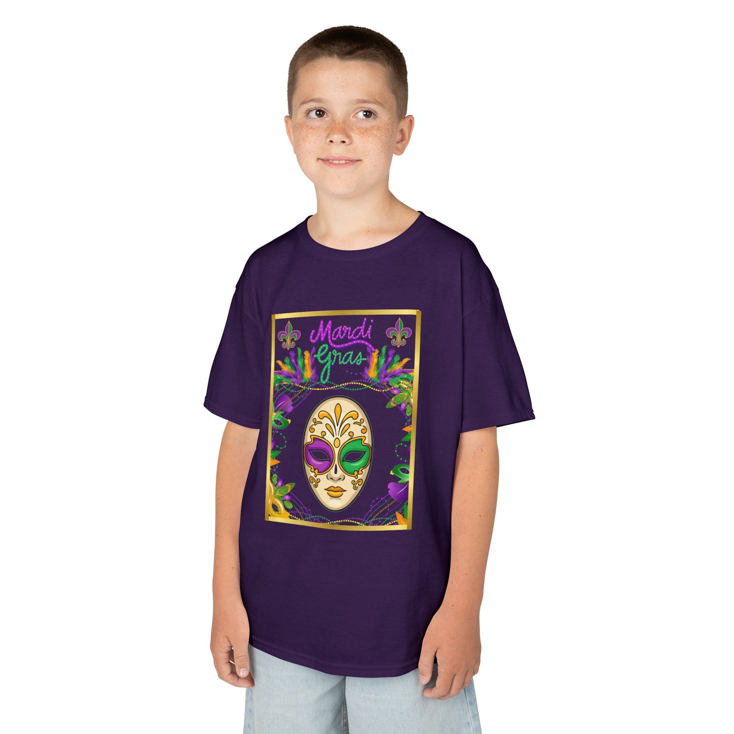 "Mardi  Gras Mask"  Youth Unisex  Boxy T-Shirt.  This Stylish & Colorful Tee Has All The Elements Needed For Carnival Cheer!