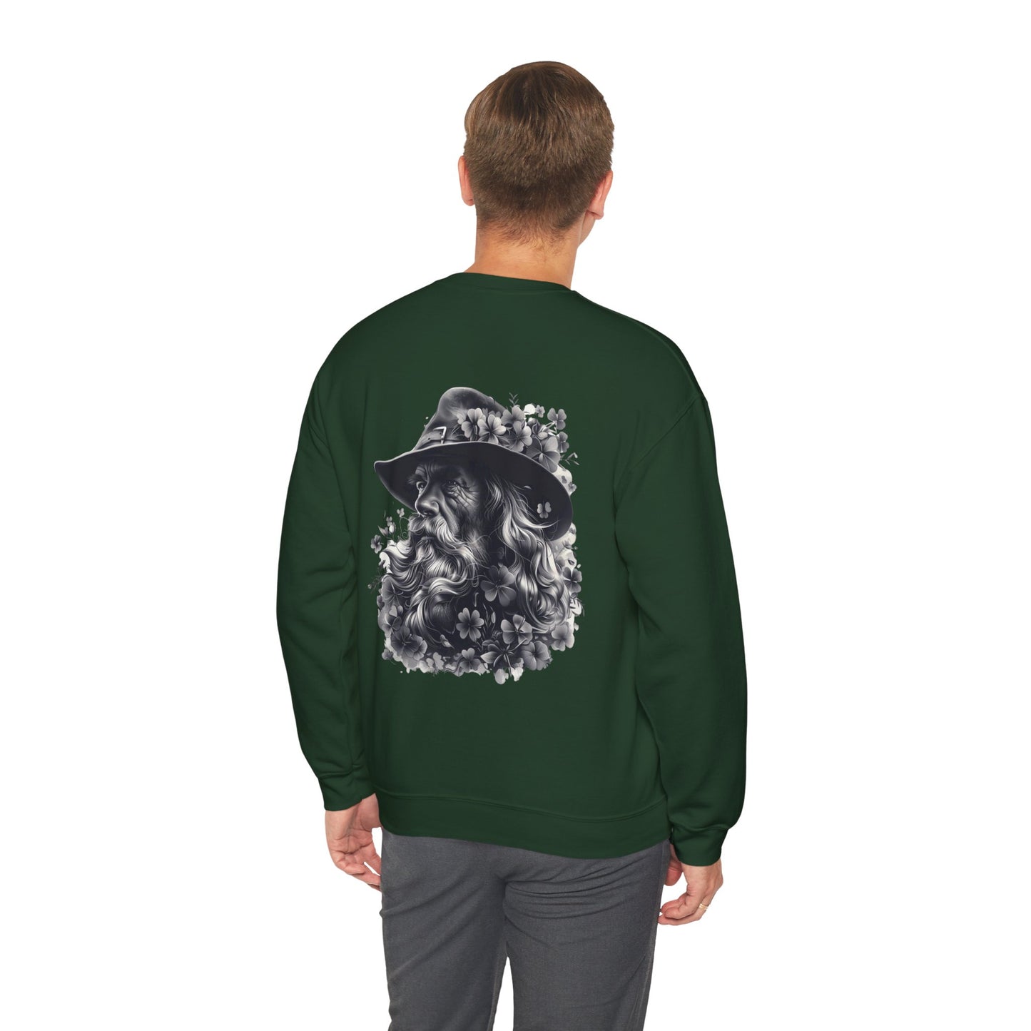 "St. Patrick's Day-Shamrock Blessing" Unisex Crewneck Pullover Sweatshirt With Front & Back Designs. Vintage Bearded Irish Gentleman & Classic Irish Blessing
