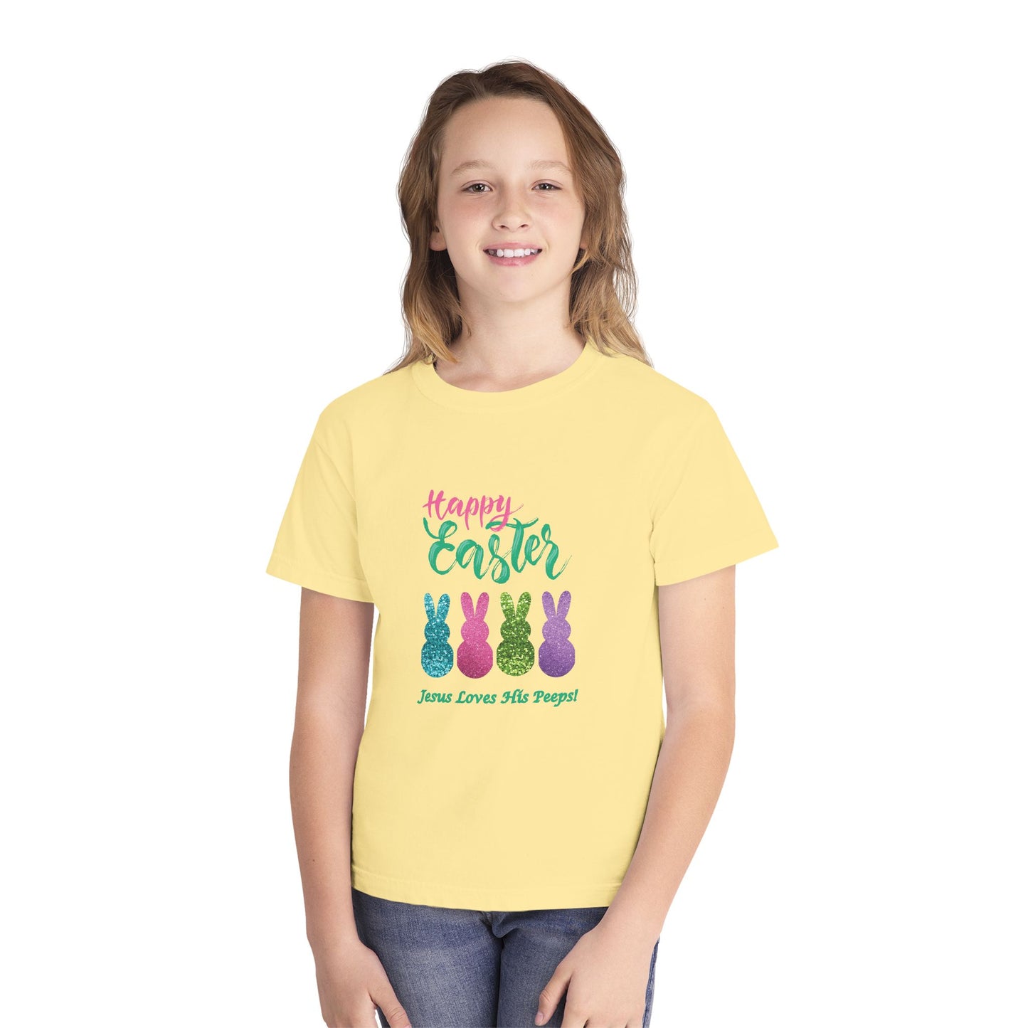 Easter Bunny Youth Tee — "Happy Easter" Christian Kids/Youth Shirt (Jesus Loves His Peeps)