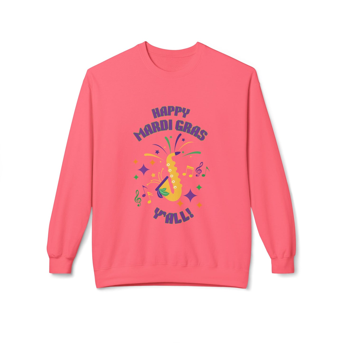 "Happy Mardi Gras Y'all"  Midweight Crewneck Sweatshirt.  Let This Colorful Unisex Sweatshirt Help You Revel In Style!