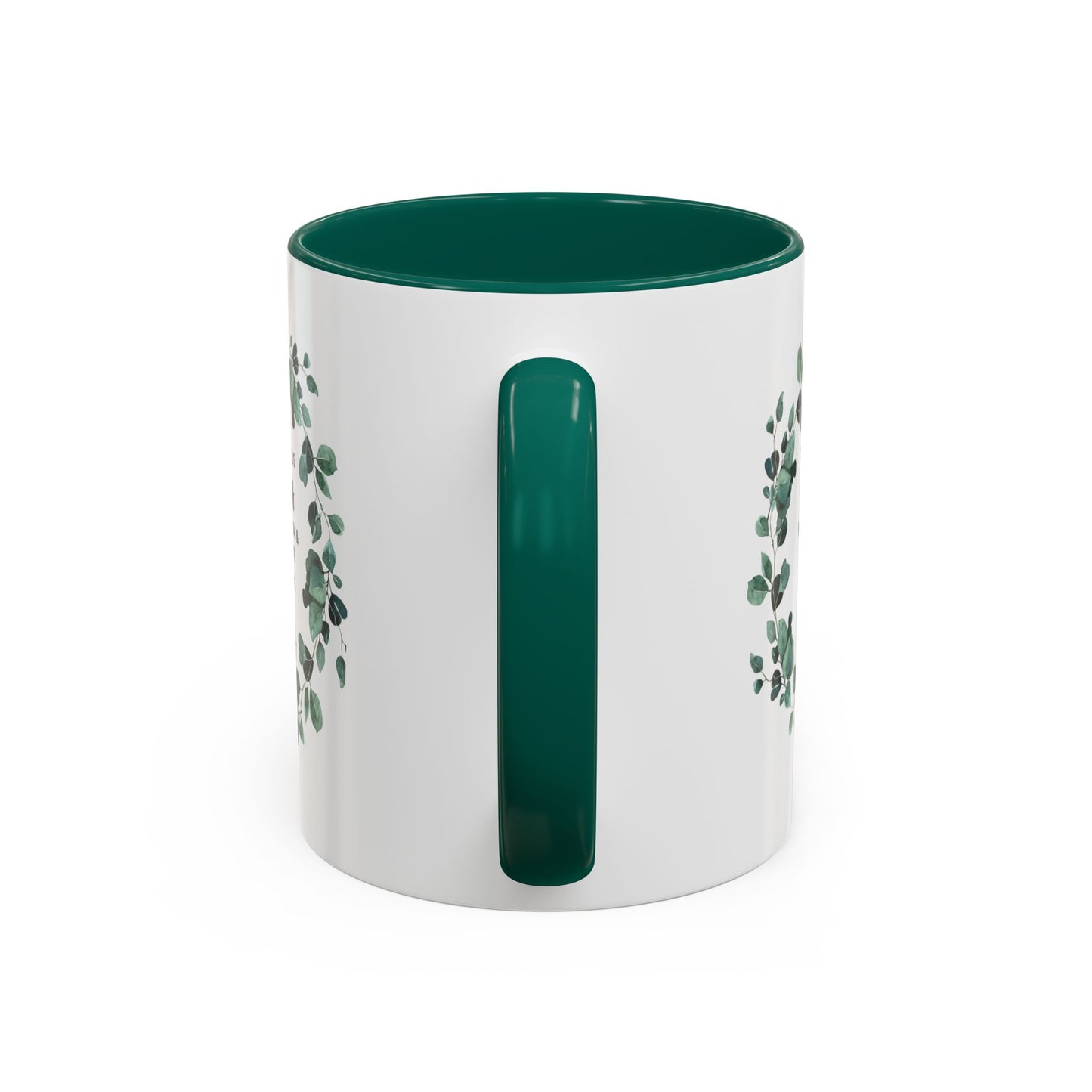 White Ceramic with Colorful Accents, Coffee Mug — “Our Jobs Made Us Coworkers…” Holiday Eucalyptus Wreath Design,11oz