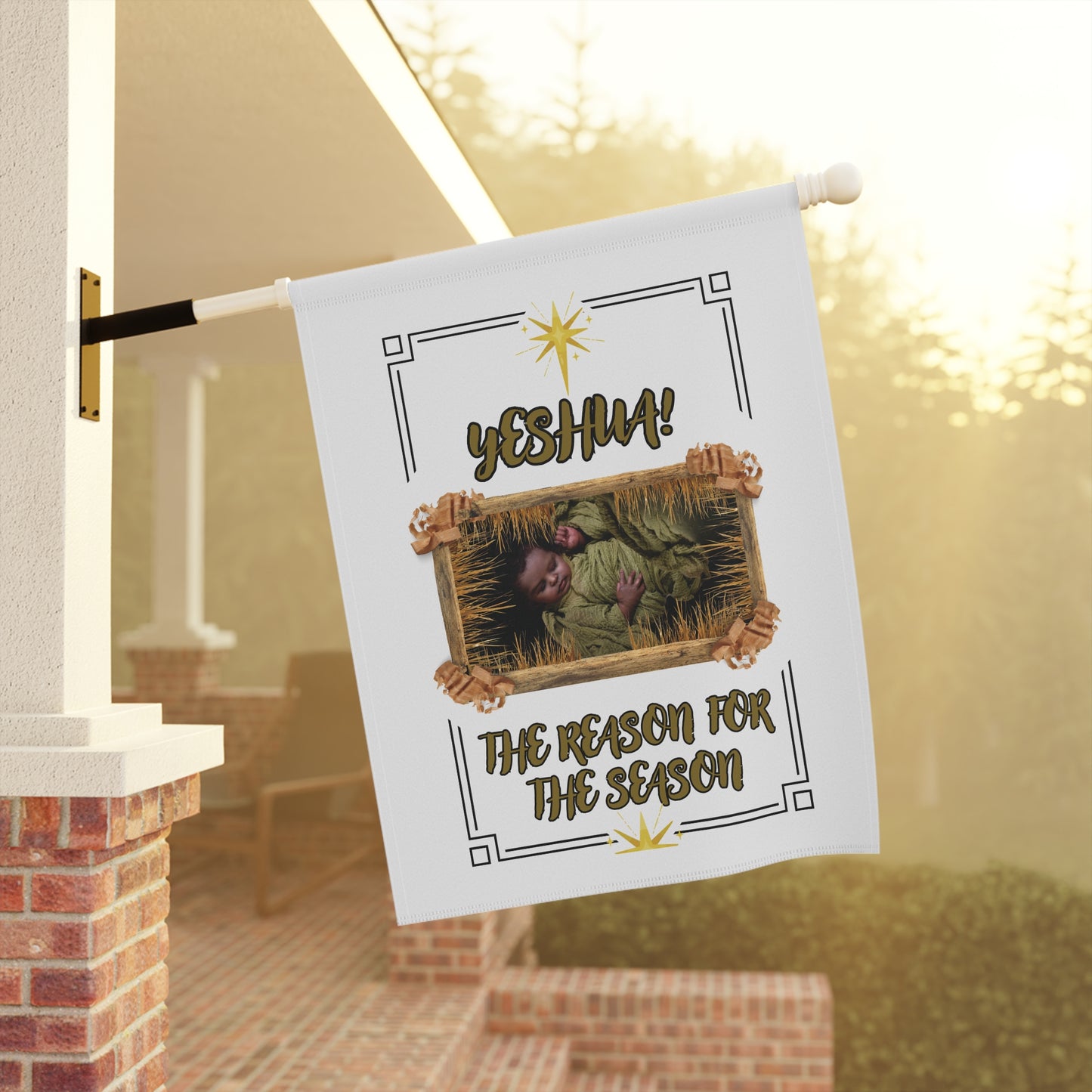 "Yeshua! The Reason for the Season" Featuring The Baby Savior In A Wooden Manger.  A Beautiful Decorative Garden Flag For Xmas!-White