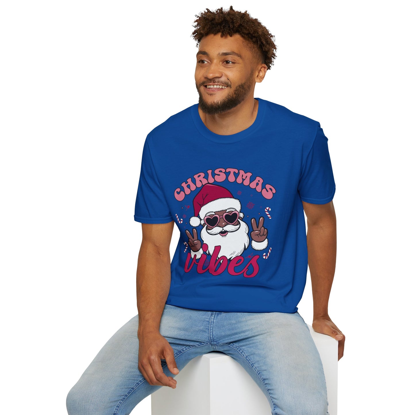 "Christmas Vibes" Unisex T-Shirt — Retro Santa Sporting Cool Sunglasses And A Peace Sign. What a Groovy Holiday Tee!