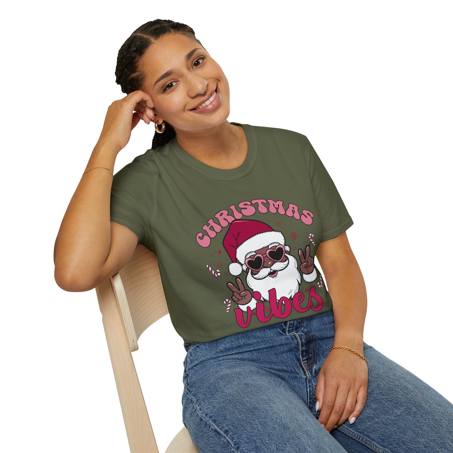 "Christmas Vibes" Unisex T-Shirt — Retro Santa Sporting Cool Sunglasses And A Peace Sign. What a Groovy Holiday Tee!
