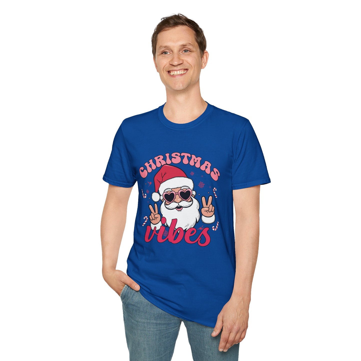 "Christmas Vibes"  Smiling Santa Holiday Unisex T-Shirt.  Cool(Tan)Santa Wearing His Shades And Sharing A "Peace Sign".