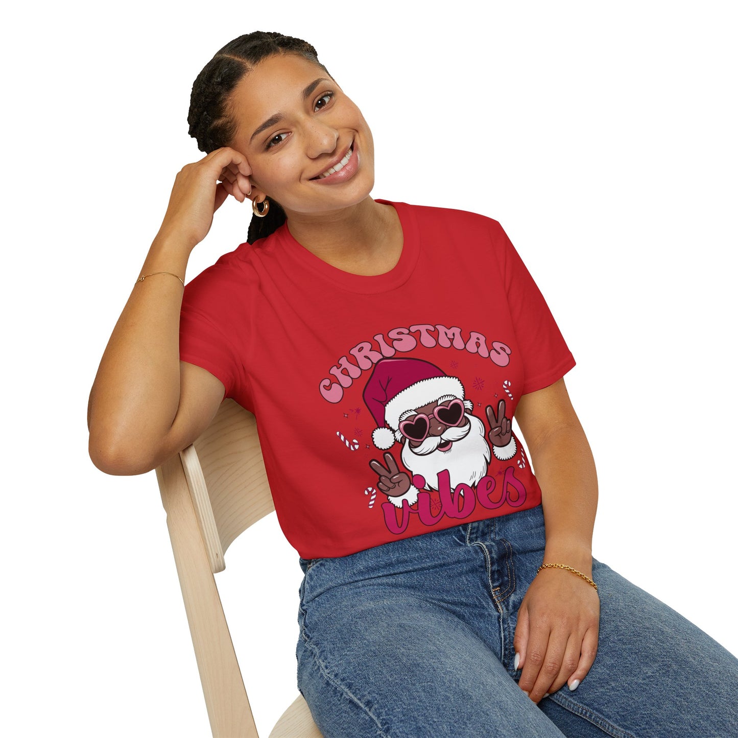"Christmas Vibes" Unisex T-Shirt — Retro Santa Sporting Cool Sunglasses And A Peace Sign. What a Groovy Holiday Tee!