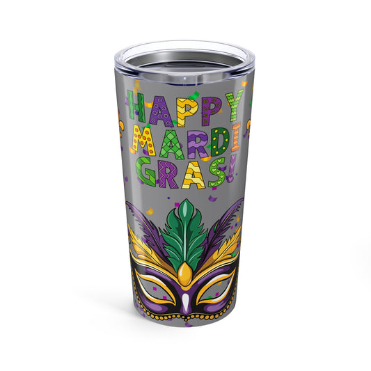 Mardi Gras 20oz Tumbler — "Happy Mardi Gras" Mask & Confetti Insulated Cup-Gray