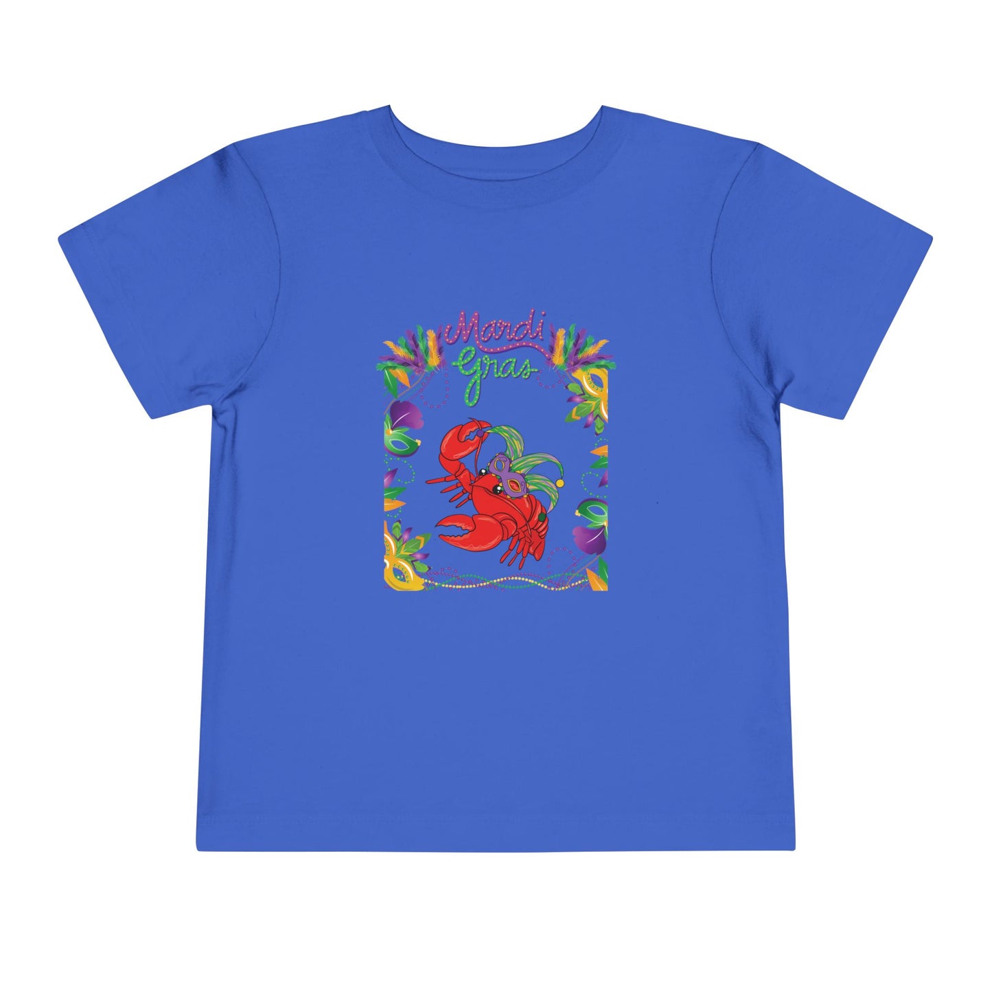 "Mardi Gras Crawfish" Toddler Short Sleeve Tee — Festive Masked Crawfish in Purple, Green & Gold!