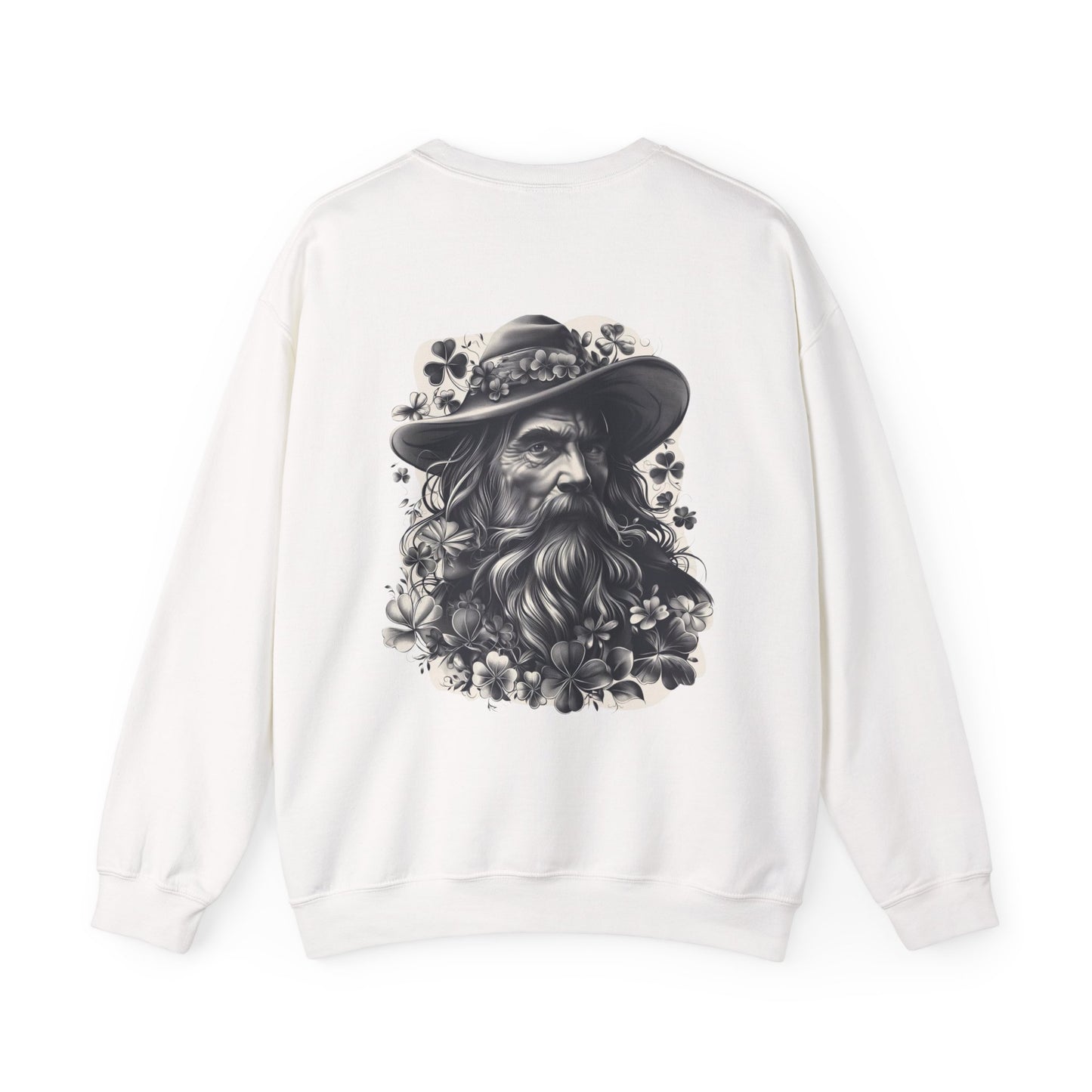 "Irish Blessing(Front)-Shamrock Wiseman(Back)", Unisex Crewneck Sweatshirt— Irish Luck Quote & Rustic Irish Wiseman Surrounded By Clover