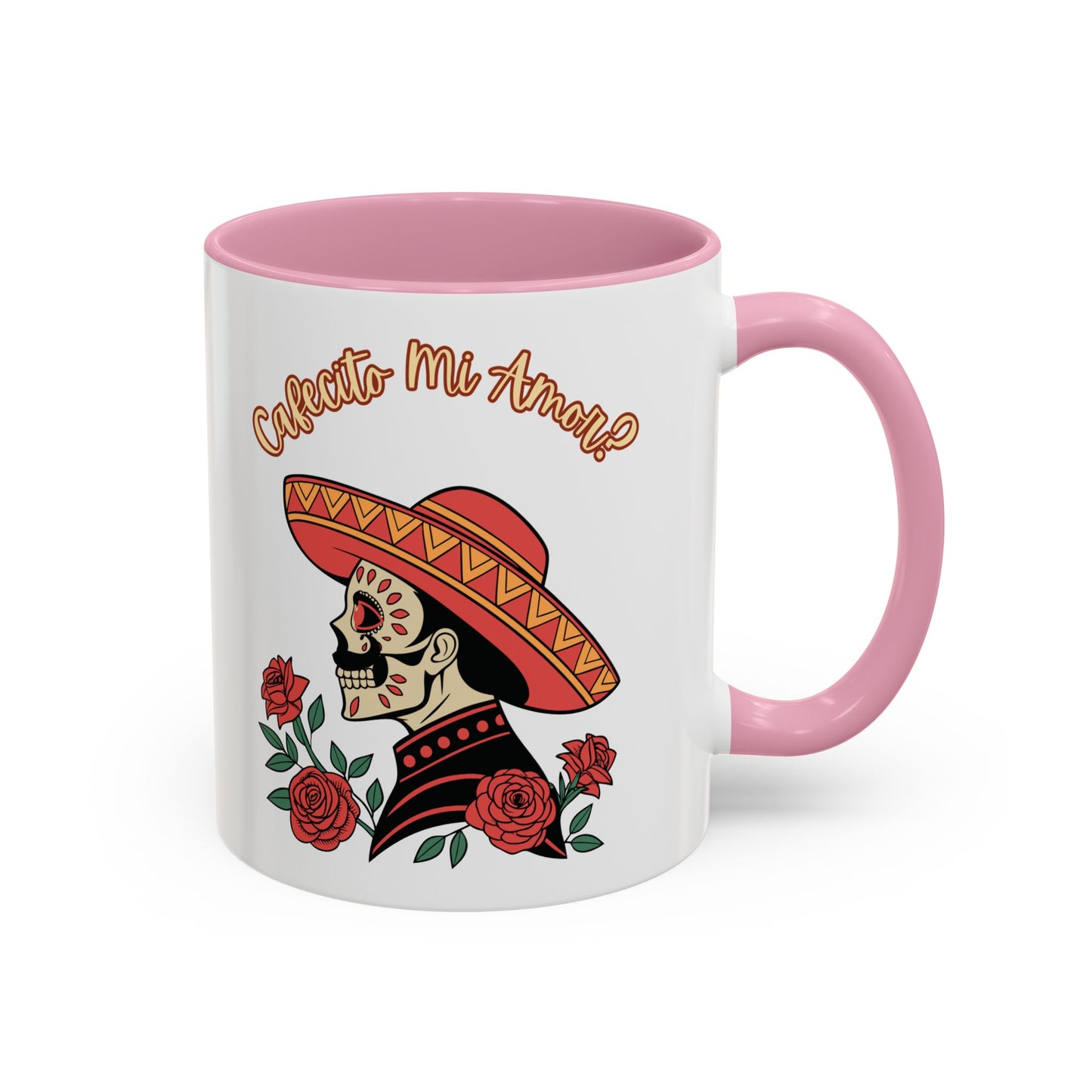 "Cafecito Mi Amor?" -El Hombre, Sugar Skull Style, White Ceramic Mugs with Colorful Accents (11oz/15oz)