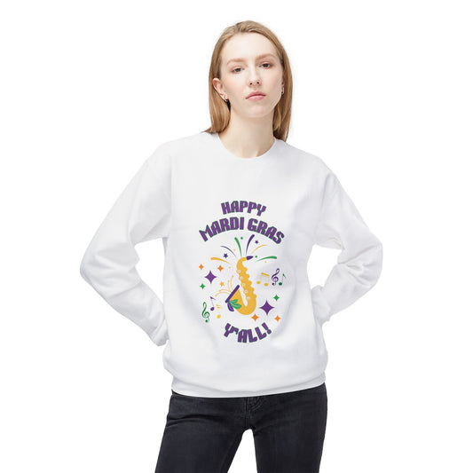 "Happy Mardi Gras Y'all"  Midweight Crewneck Sweatshirt.  Let This Colorful Unisex Sweatshirt Help You Revel In Style!