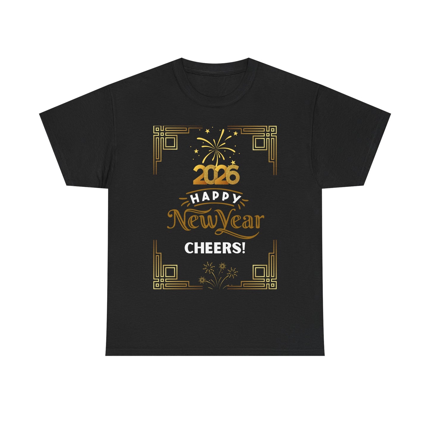 "Happy New Year -Cheers!" 2026  Unisex Midweight T-Shirt- 100 % Cotton — Festive "Art Deco Style" New Years Tee Great for Casual Celebrations or Parties While Ringing In the New Year!